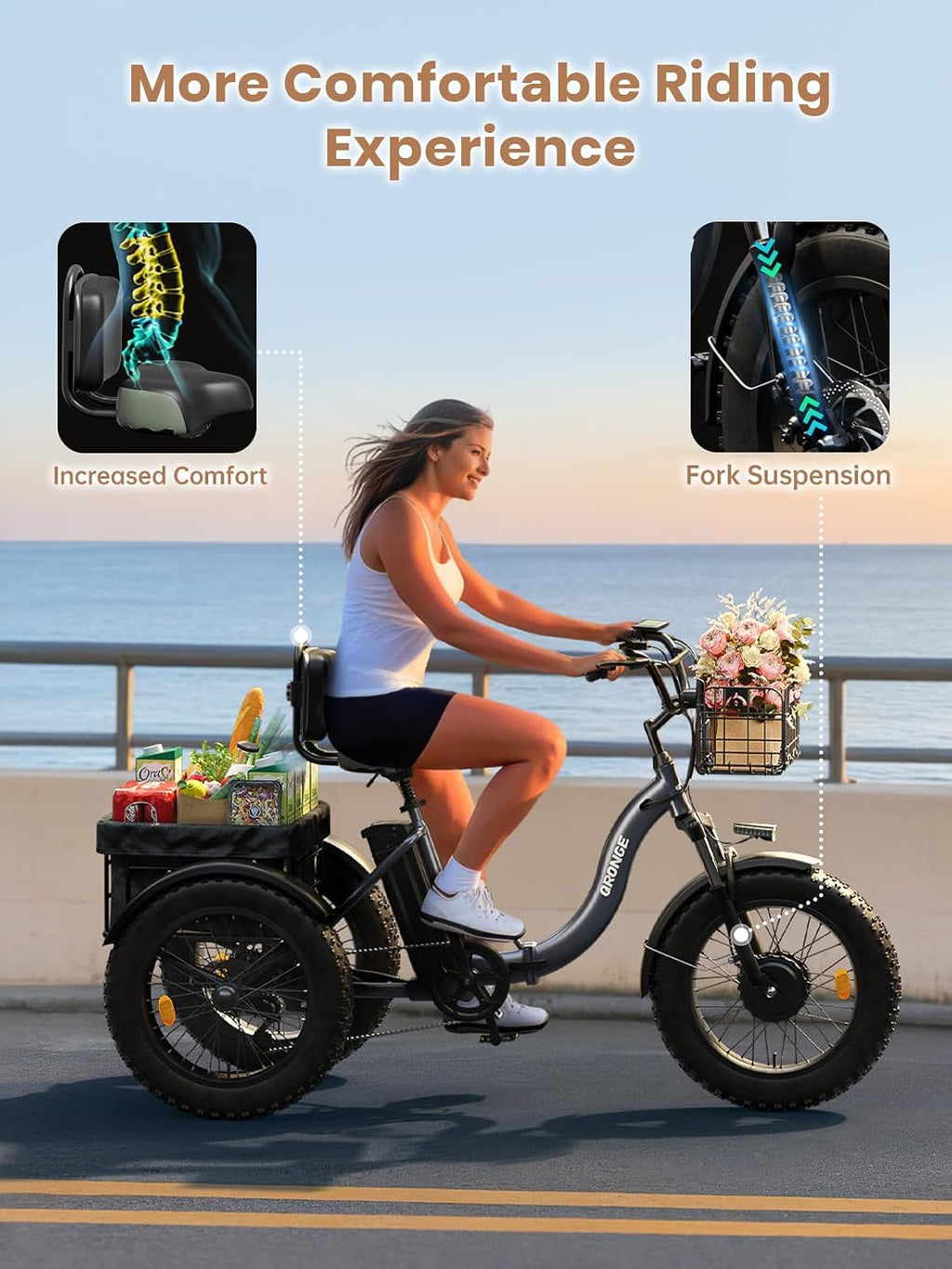 QRONGE Electric Tricycle for Adults 960W Peak, 36V 15AH Battery Ebike 50 Miles Range with Large Rear Basket, Electric Trike 20'*4' Fat Tire, Max 20MPH 3 Wheel Folding Electric Trike for Adults(Lava)