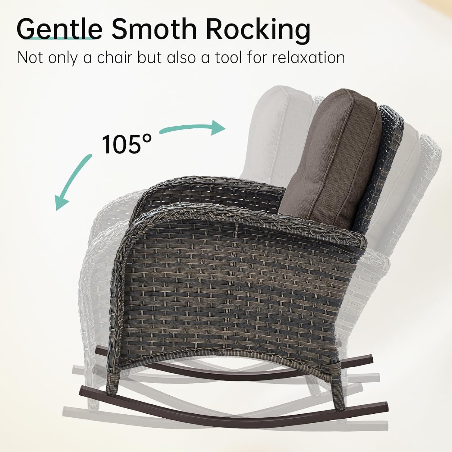 Patio Rocking Chair: Outdoor Wicker Rocker Porch Rocking Chair with Removable Cushion, 300 Lb Weight Capacity Rattan Rocking Seating for Balcony Garden Brown/Grey
