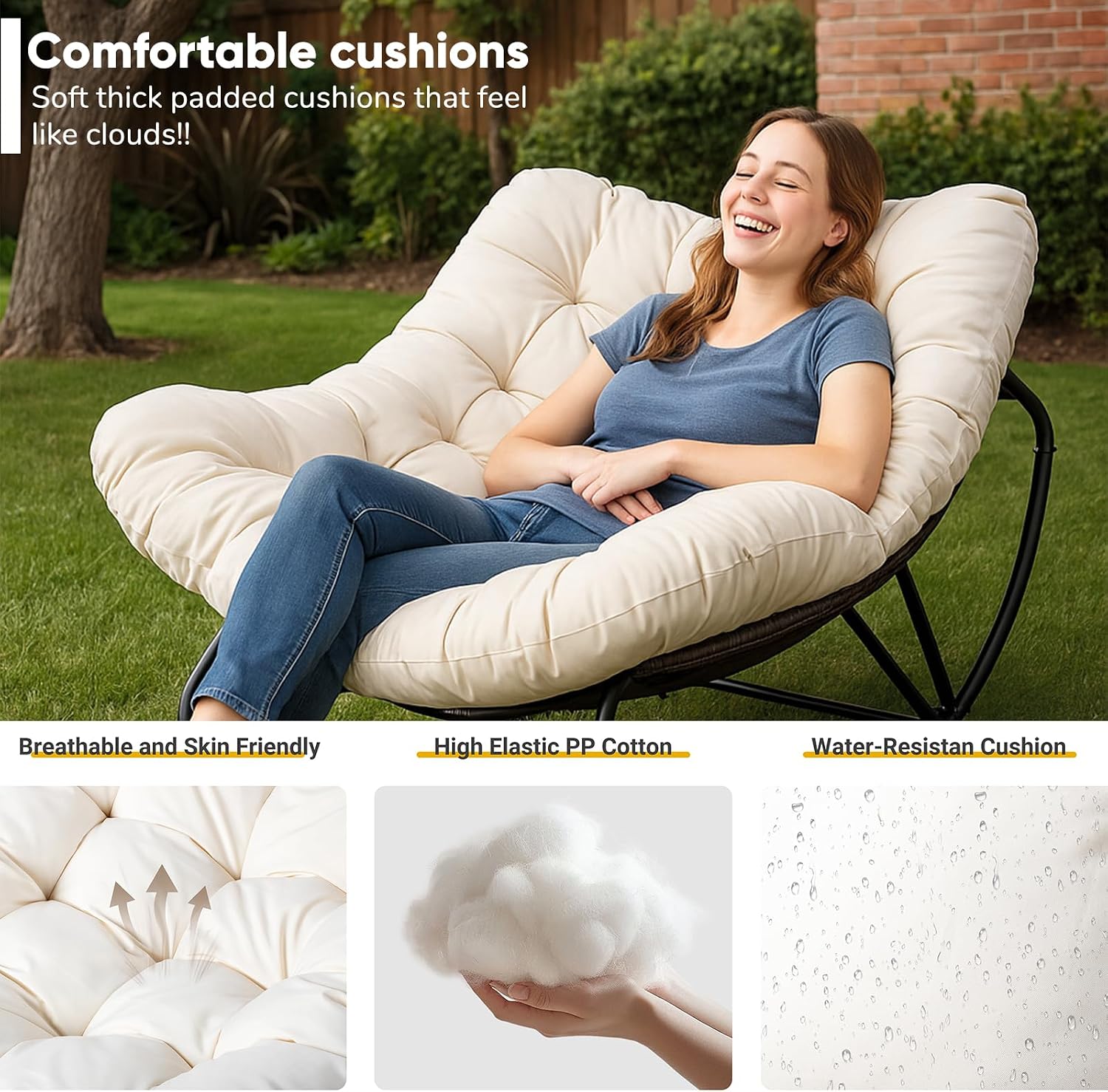 JOYBASE Outdoor Indoor Papasan Rocking Chair, Oversized Papasan Rocker with Cushion, Patio Wicker Comfy Egg Chair for Backyard Bedroom Living Room Lounge Reading (Beige)
