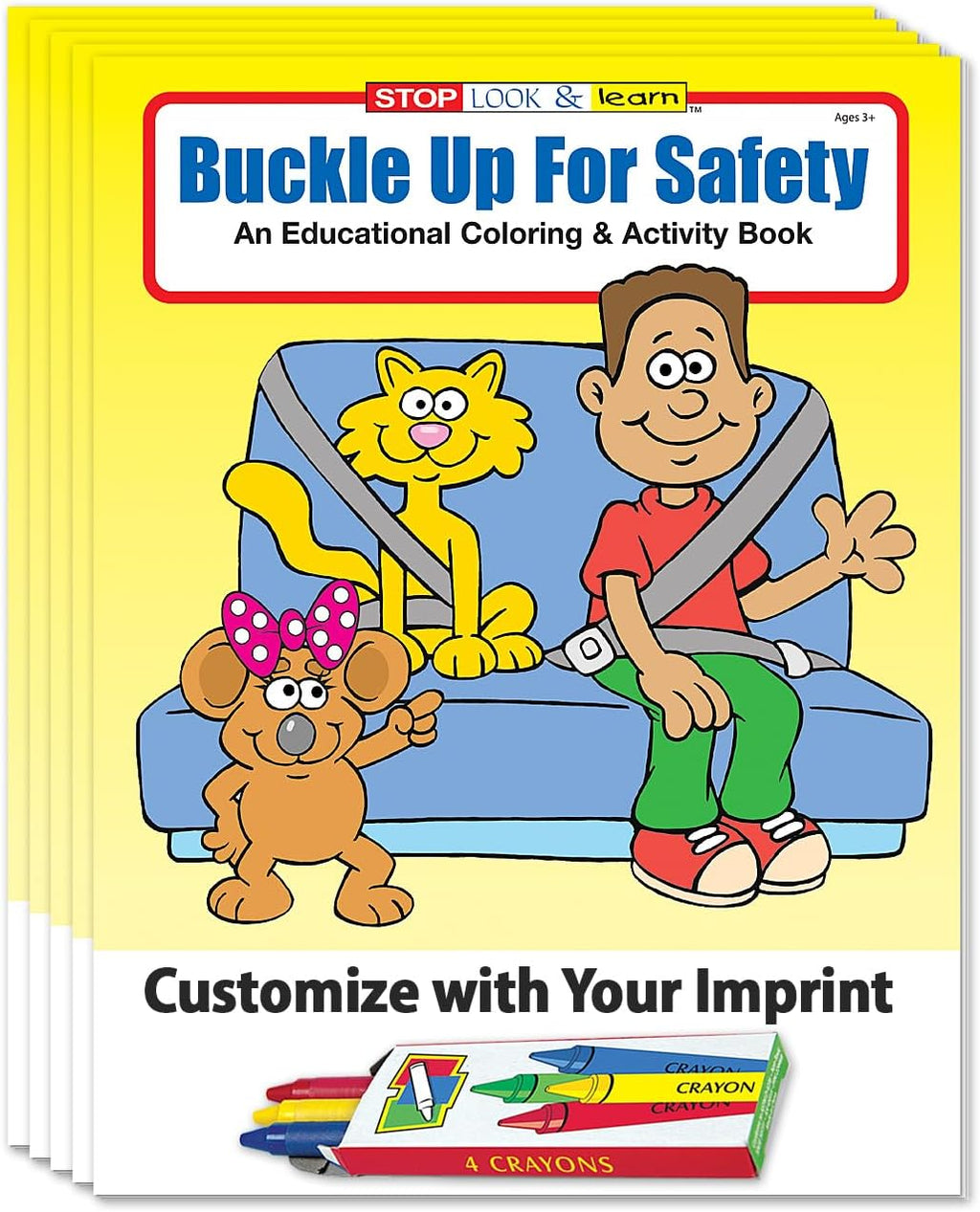 ZOCO – Buckle Up, Seat Belt Safety – Custom Coloring & Activity Books (250 Bulk Pack, With Crayons) – Police Car Safety Theme for Kids – Add Your Imprint