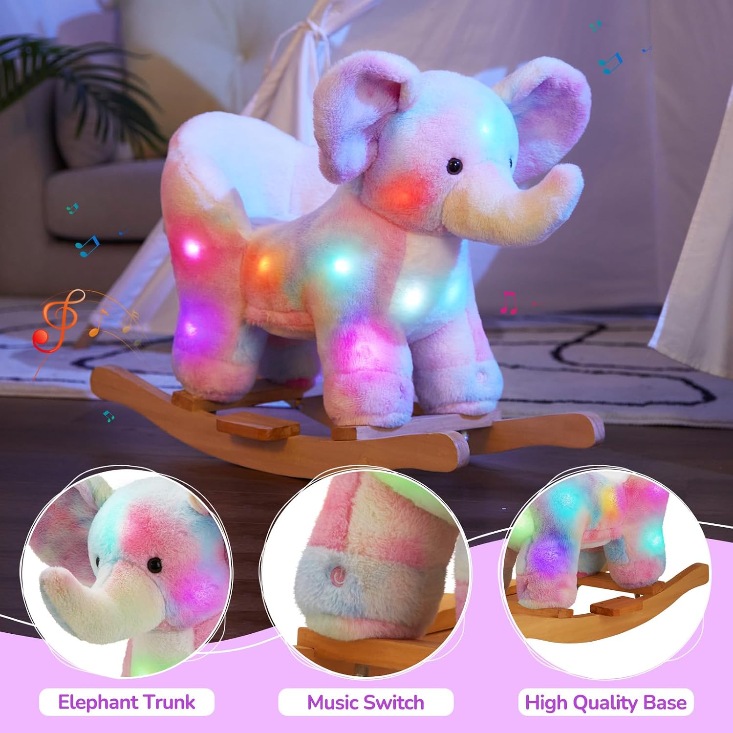 Glow Guards Light up Musical Elephant Baby Rocking Horse, Rainbow Elephant Rocker Set of 2 with Stuffed Animal, Stuffed Plush Ride-on Rocking Animal for Toddlers Baby Girl Ages 1-3