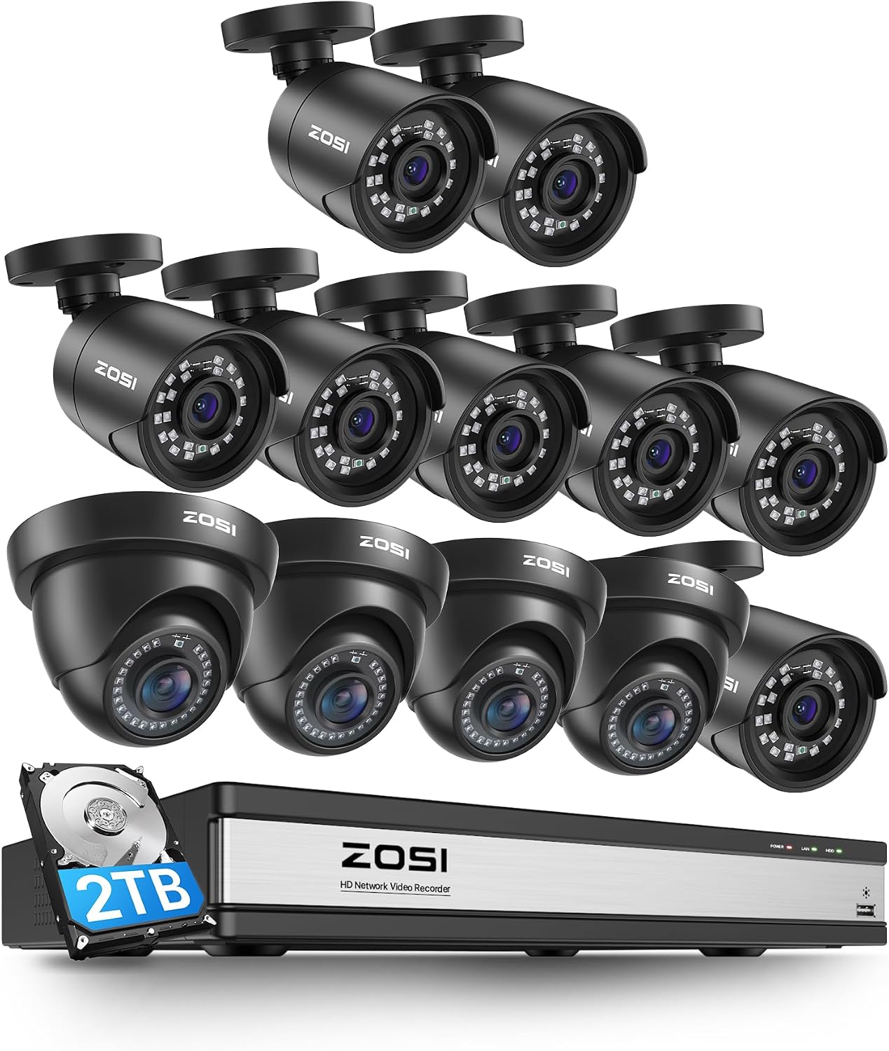 ZOSI 1080p 16 Channel Surveillance Security Camera System with AI Human Vehicle Detect, 12 x 2MP Weatherproof Bullet Dome Camera Outdoor Indoor, H.265+ CCTV DVR, Night Vision, Remote Access, 2TB HDD