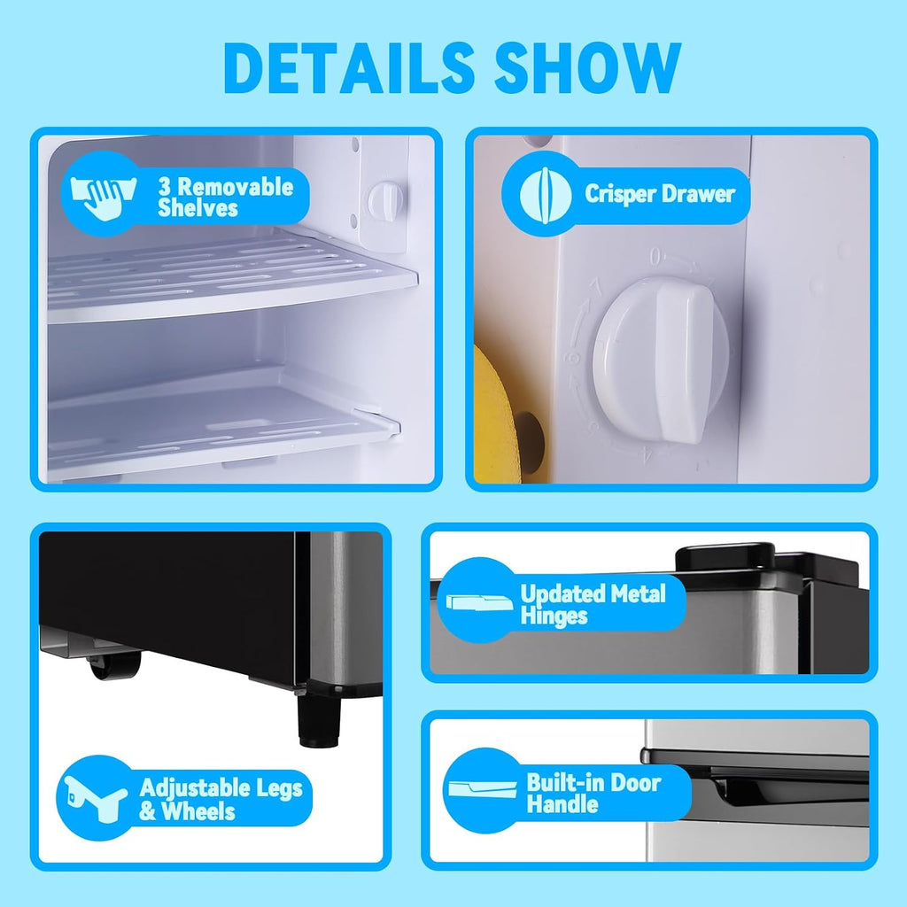Mini Fridge with Freezer 2.4 Cu.ft Mini Refrigerator Double Doors Dorm Fridge Compact 7 Modes Temp Suit for Apartment Bedroom Office Silver