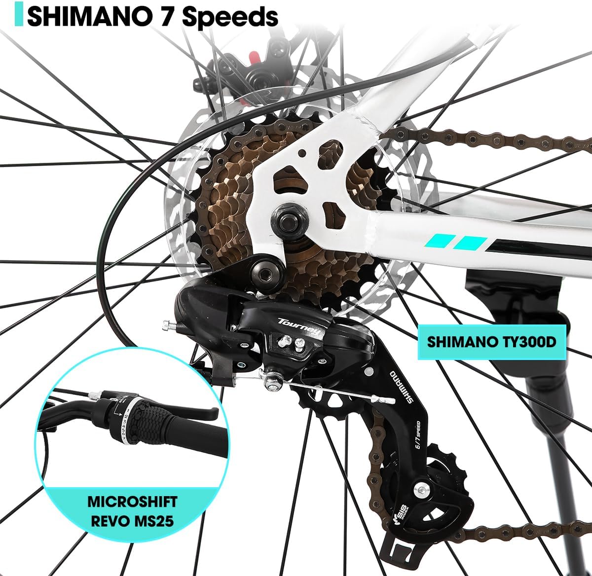 HILAND 24 26 Inch Fat Tire Mountain Bike for Men and Women, High Carbon Steel Frame Beach and Snow Wide Tire Adult Bicycle, 7-Speed and Dual-Disc Brake MTB