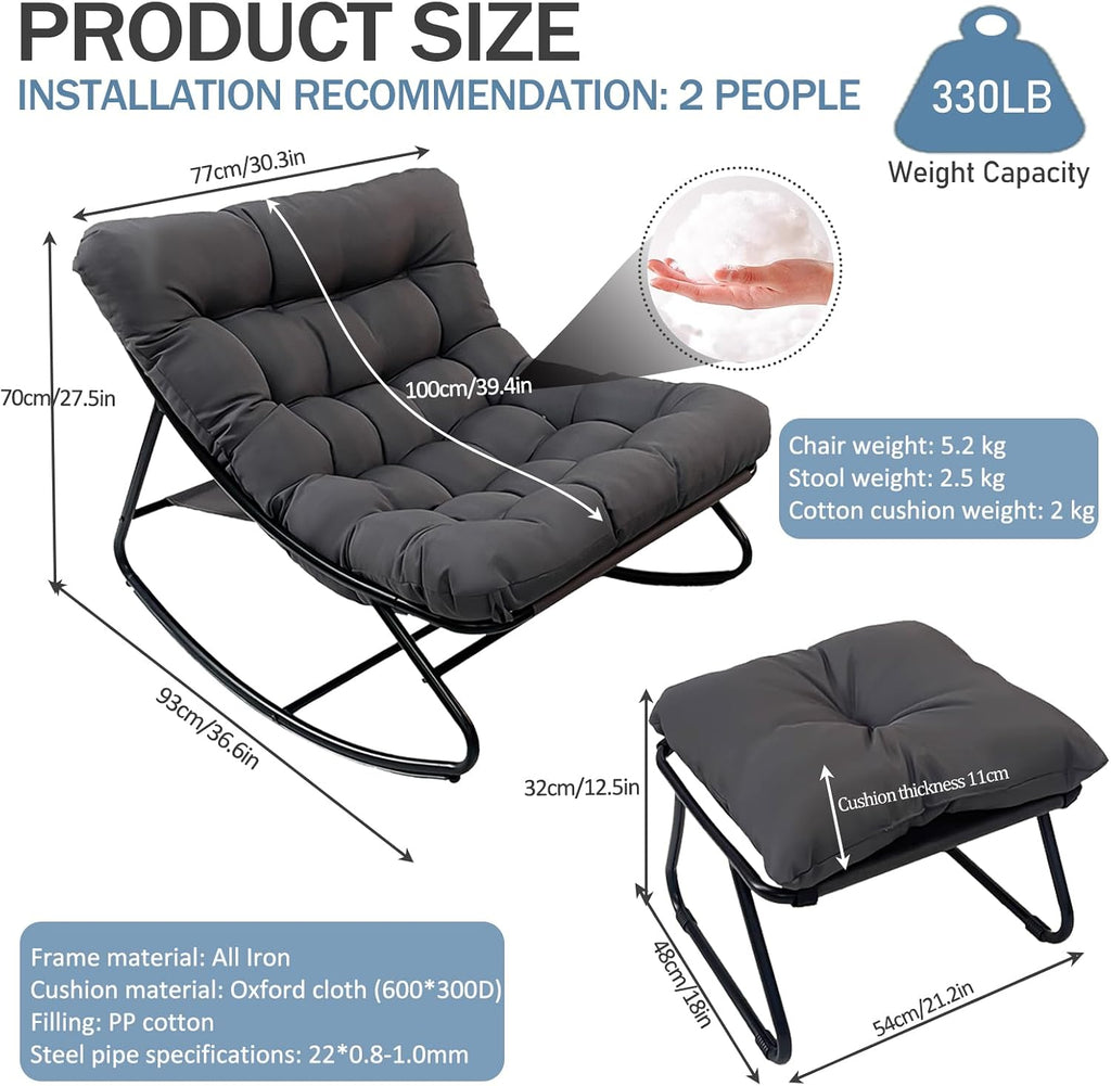 Oversized Papasan Rocker, Comfy Patio Rocking Chair, Outdoor Rocker Chair, Indoor Rocking Egg Chair with Cushion & Ottoman for Bedroom, Living Room, Front Porch (Grey)