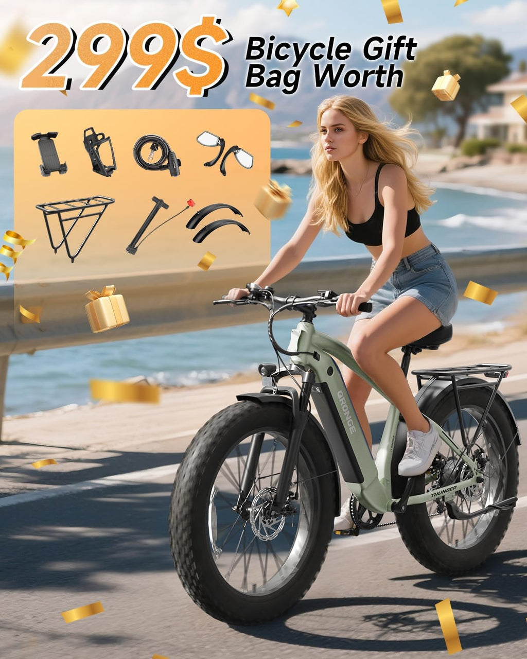 QRONGE Electric Bike for Adults 1800W Peak, 26' Fat Tire Ebike, Adult Electric Bicycles, 28MPH(PAS Mode) Electric Mountain E Bike, Up to 70 Miles, 7 Speed, Rear Rack, Fenders