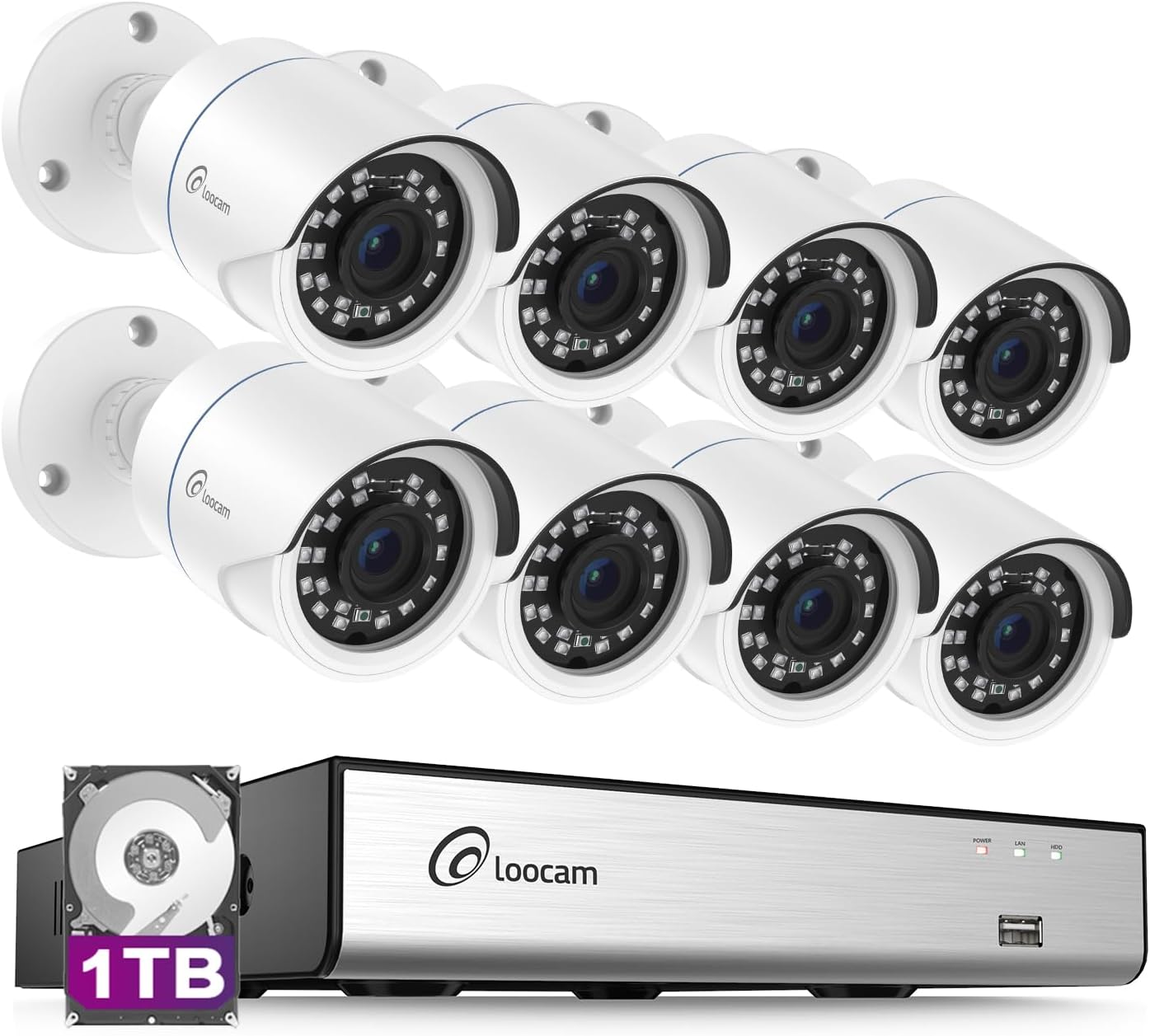 Loocam Home Security Camera System, 1080p H.265+ DVR with 1TB HDD, AI Human Vehicle Detection Wired Surveillance Camera, Security Camera for Home Indoor Outdoor, CCTV Camera APP Remote