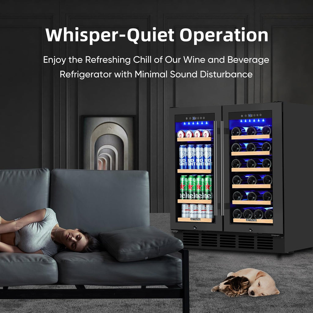 ORYMUSE 30 Inch Dual Zone Wine & Beverage Refrigerator, Built-In or Freestanding Wine Fridge with Seamless Black Stainless Steel Door, Glass Door, Digital Touch Control, Holds 30 Bottles & 110 Cans