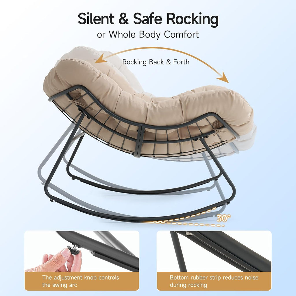 ONBRILL Outdoor Papasan Rocking Chair, 450 lbs Oversized Comfy Patio Chair with Thickened Cushion, Indoor Egg Rocking Lounge Chairs, Rocker Chairs for Patio Porch Garden Living Room Bedroom, Beige