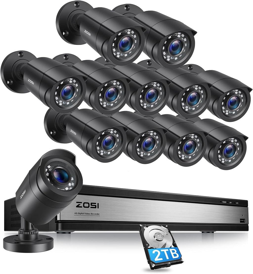 ZOSI H.265+ 16 Channel Security Camera System 1080p, Hybrid DVR Recorder with AI Human Vehicle Detect, 12 x 2MP CCTV Bullet Camera Outdoor Indoor, Night Vision, 90°Wide Angle, Remote Access, 2TB HDD
