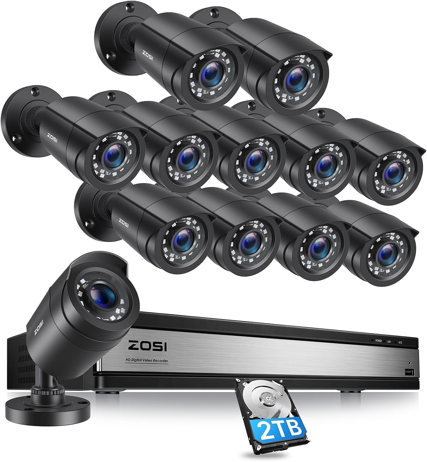 ZOSI H.265+ 16 Channel Security Camera System 1080p, Hybrid DVR Recorder with AI Human Vehicle Detect, 12 x 2MP CCTV Bullet Camera Outdoor Indoor, Night Vision, 90°Wide Angle, Remote Access, 2TB HDD