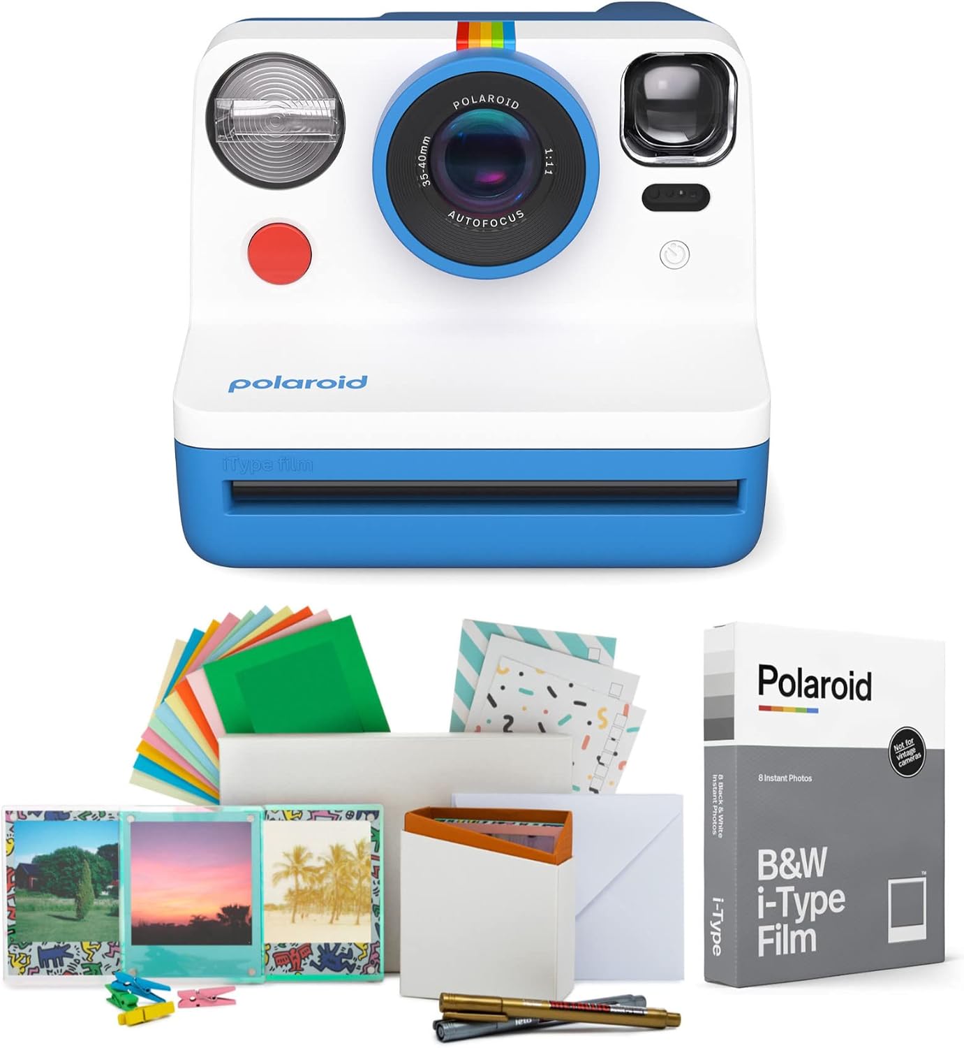 Polaroid Now 2nd Generation I-Type Instant Film Camera (Blue), Shoot and Print Bundle with Magnetic/Hanging Photo Frames and Black & White Film Instant Film (8 Exposures) (3 Items)