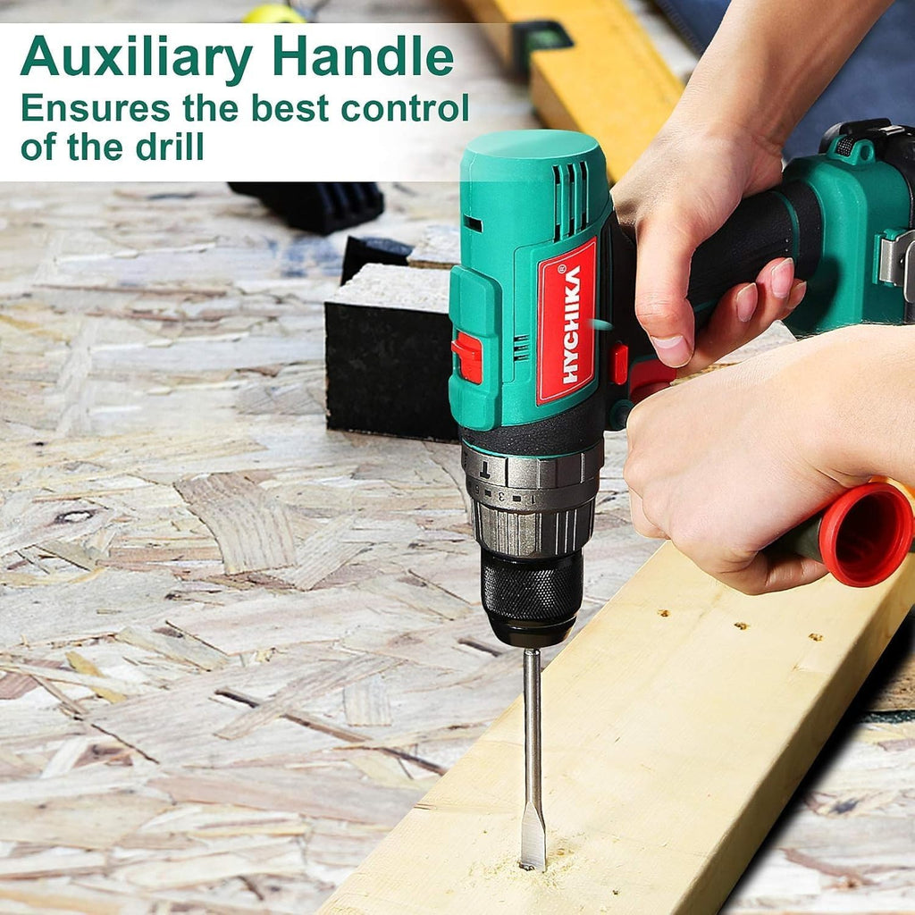 2 Sets of 18V Cordless Hammer Drill Driver, 400 In-lbs Torque Power Drill with Auxiliary Handle, 1/2' Metal Chuck, 2.0Ah Battery, 1H Fast Charger, 21+3 Clutch, LED Light for Drilling Wood Metal Wall