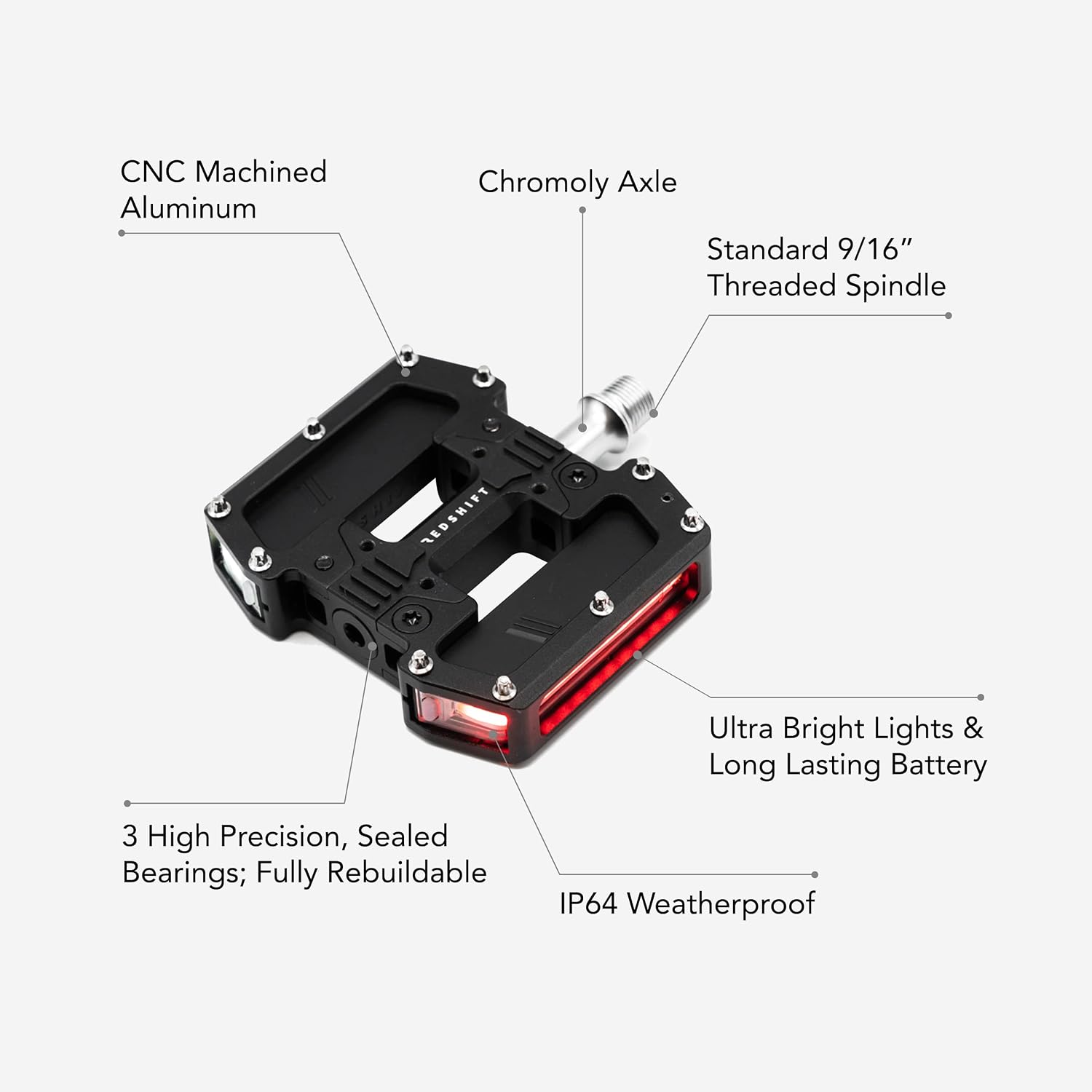 REDSHIFT ARCLIGHT PRO Flat Bicycle Pedals with LED Lights, Auto On-Off, 36+ hr Battery, USB Rechargeable, Weatherproof, Flat Aluminum Bike Pedal with 9/16in Steel Spindle and Traction Pins