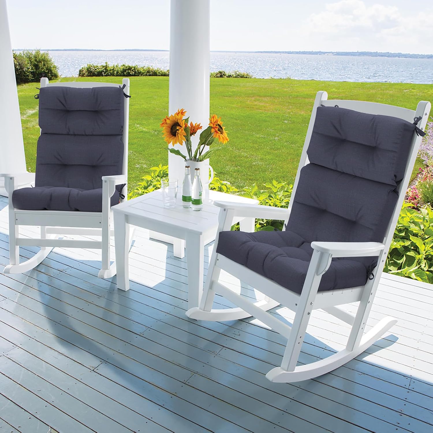 DYTXIII Outdoor High Back Chair Cushions Set of 2, Water Repellent Tufted Rocking Seat Cushions Replacement 44 x 22 Inch, Seat & Back Chair Pads for Patio, Balcony and Indoor Use -Textured Navy
