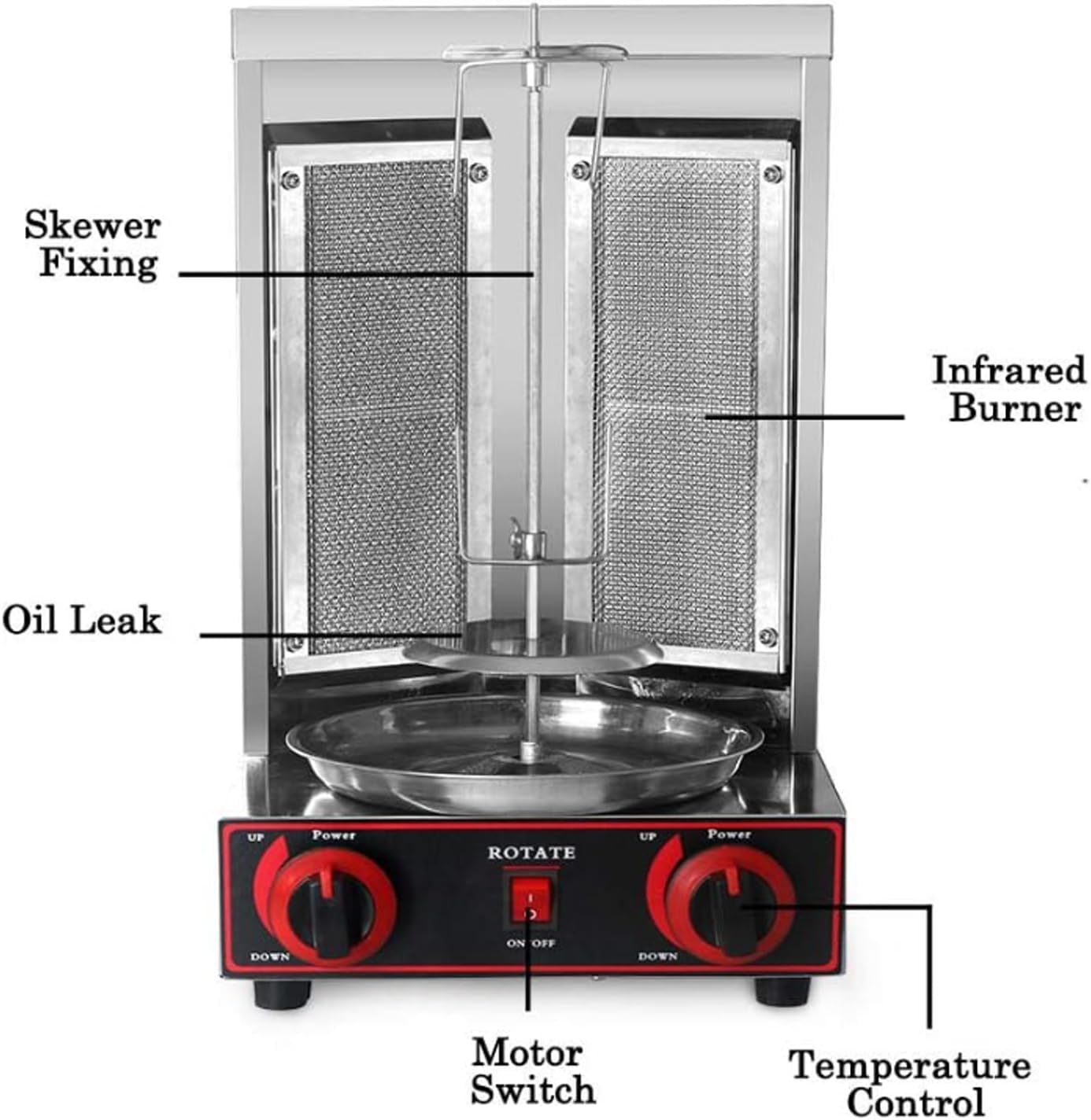 Vertical Commercial Shawarma Lpg/Gas Barbecue Grill, 360° Automatic Rotation, Double-Sided Barbecue Plate + Independent Oil Tray, Adjustable Height, Capacity 6kg/H, 60W