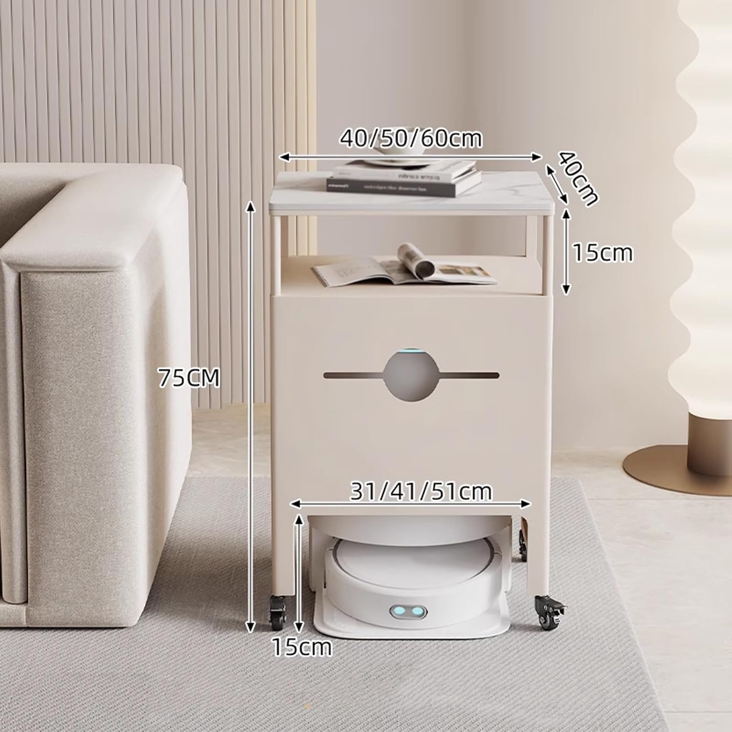 Tall Office Storage Cabinet for Robot Vacuum and Mop Self Emptying, Couch Side Table with Storage on Wheels, End Table for Robot Vacuum's Nest House(50 * 40 * 75cm)