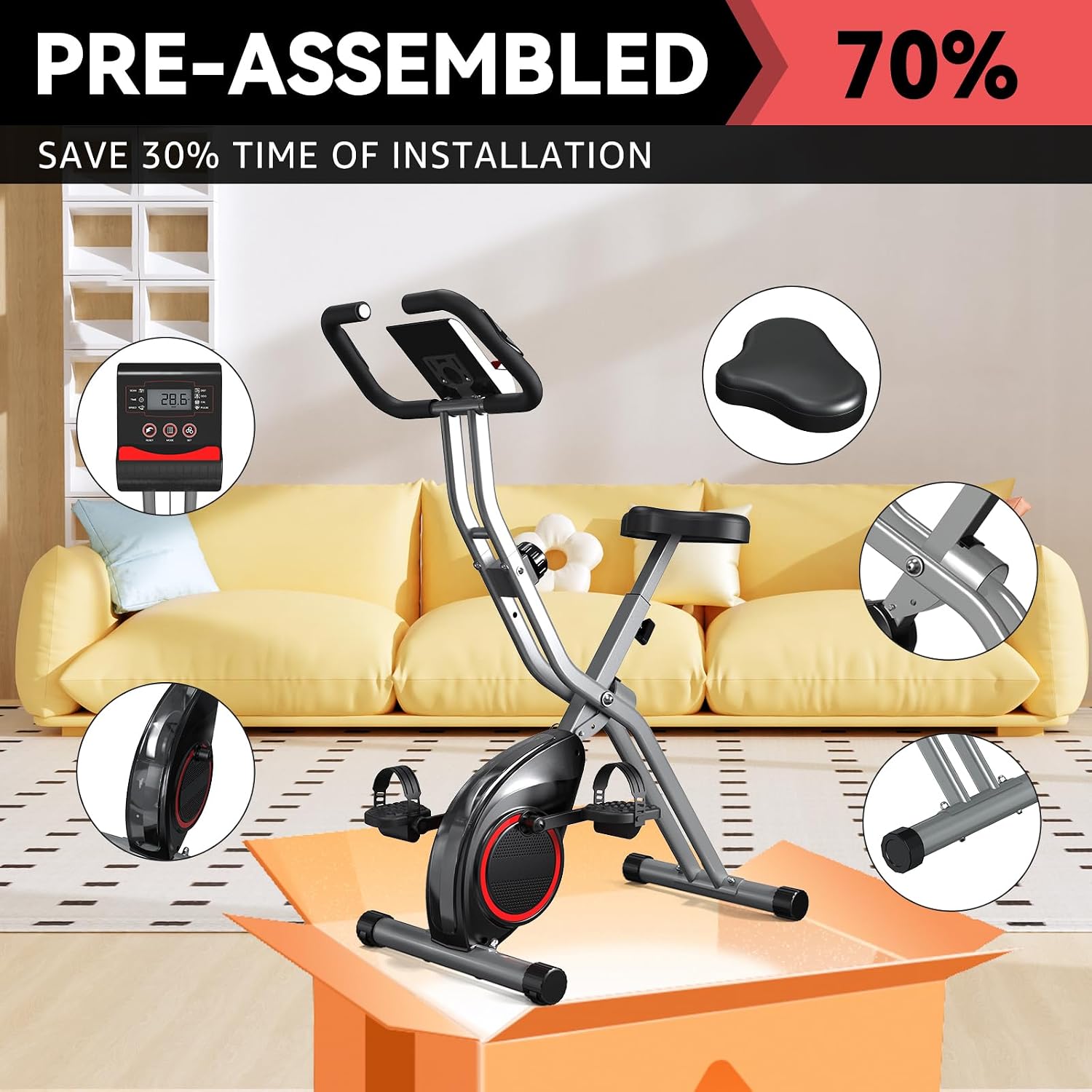 Indoor Exercise Bike Stationary Bikes for Home with 16-Level Magnetic Resistance, Lightweight Foldable Cycling Bike with 70% Pre-Assembled, 260 LBS Capacity, Flywheel of 5.5 LBS for Quiet Home Workout