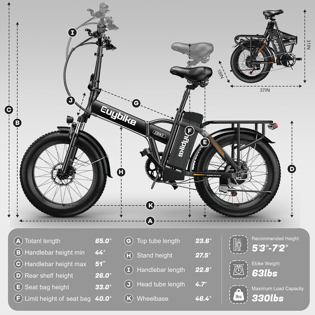Foldable Electric Bike for Adults, 48V 20Ah Removable Lithium Battery up to 80Miles, 20' Fat Tire 1000W Peak Motor Dirt Ebike Adult Electric Bicycle for Commute Beach Mountain E Bike