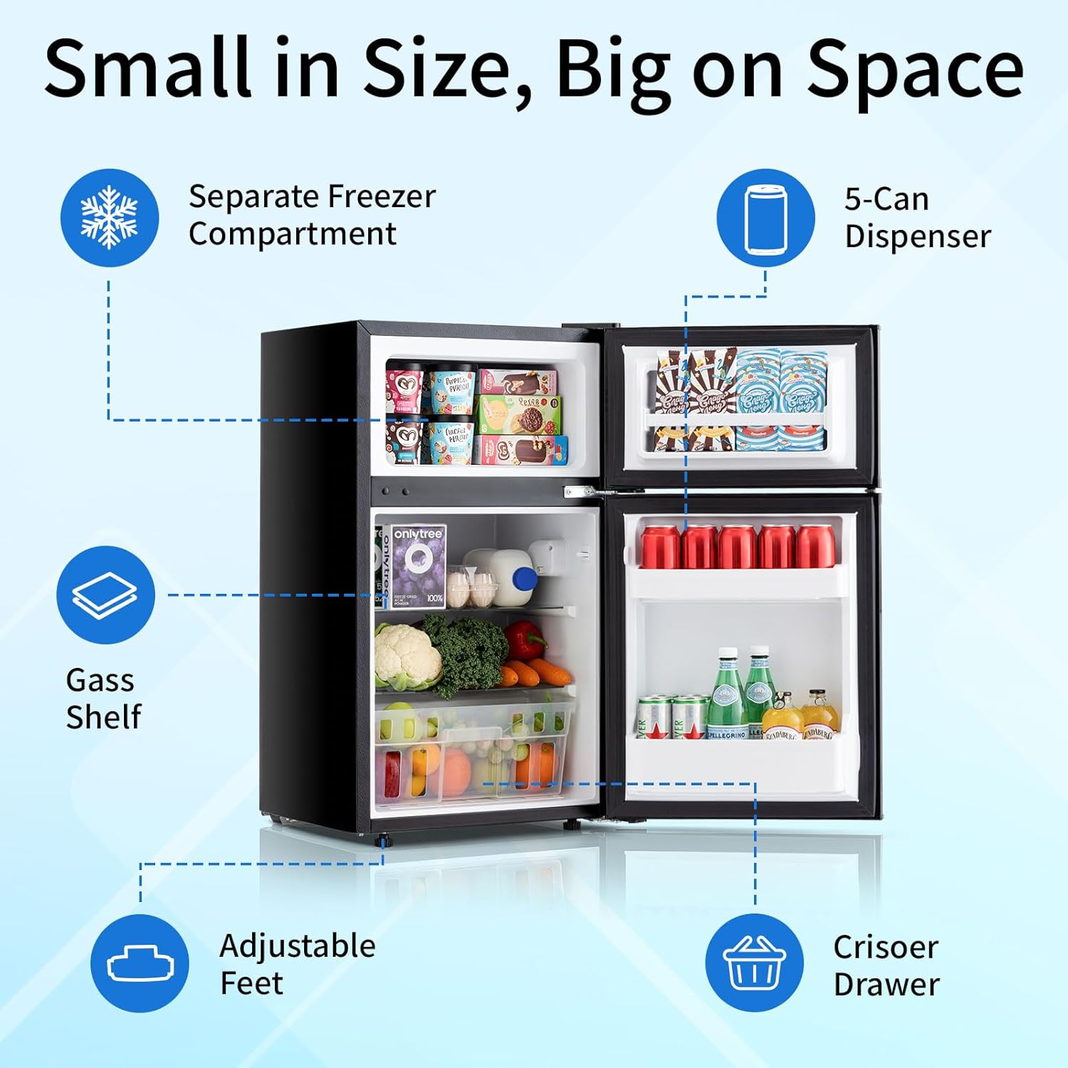 DOGHLY 3.2 Cu.Ft Mini Fridge with Freezer, 2 Door Compact Refrigerator with 3 Adjustable Thermostat, Low Noise, Removable Shelf, Small Refrigerator for Dorm, Office, Bedroom, Black