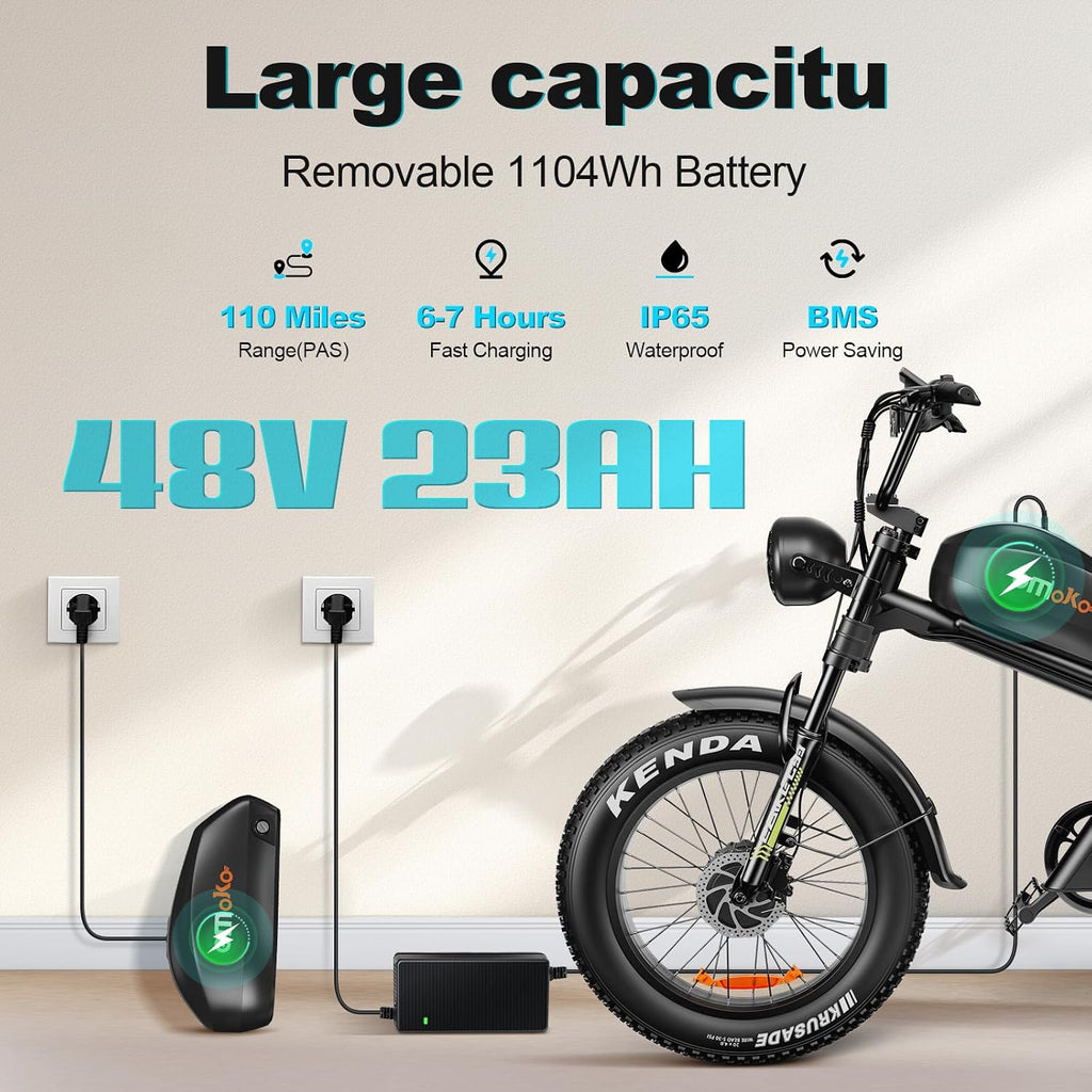 Electric Bike for Adults, Peak 1500W/3000W Ebike, Up to 32-35MPH & 100/110Miles Long Range, 48V 20Ah/23Ah Removable Battery，20'' Fat Tire Mountain Electric Bicycle, 7-Speed with Full Suspension