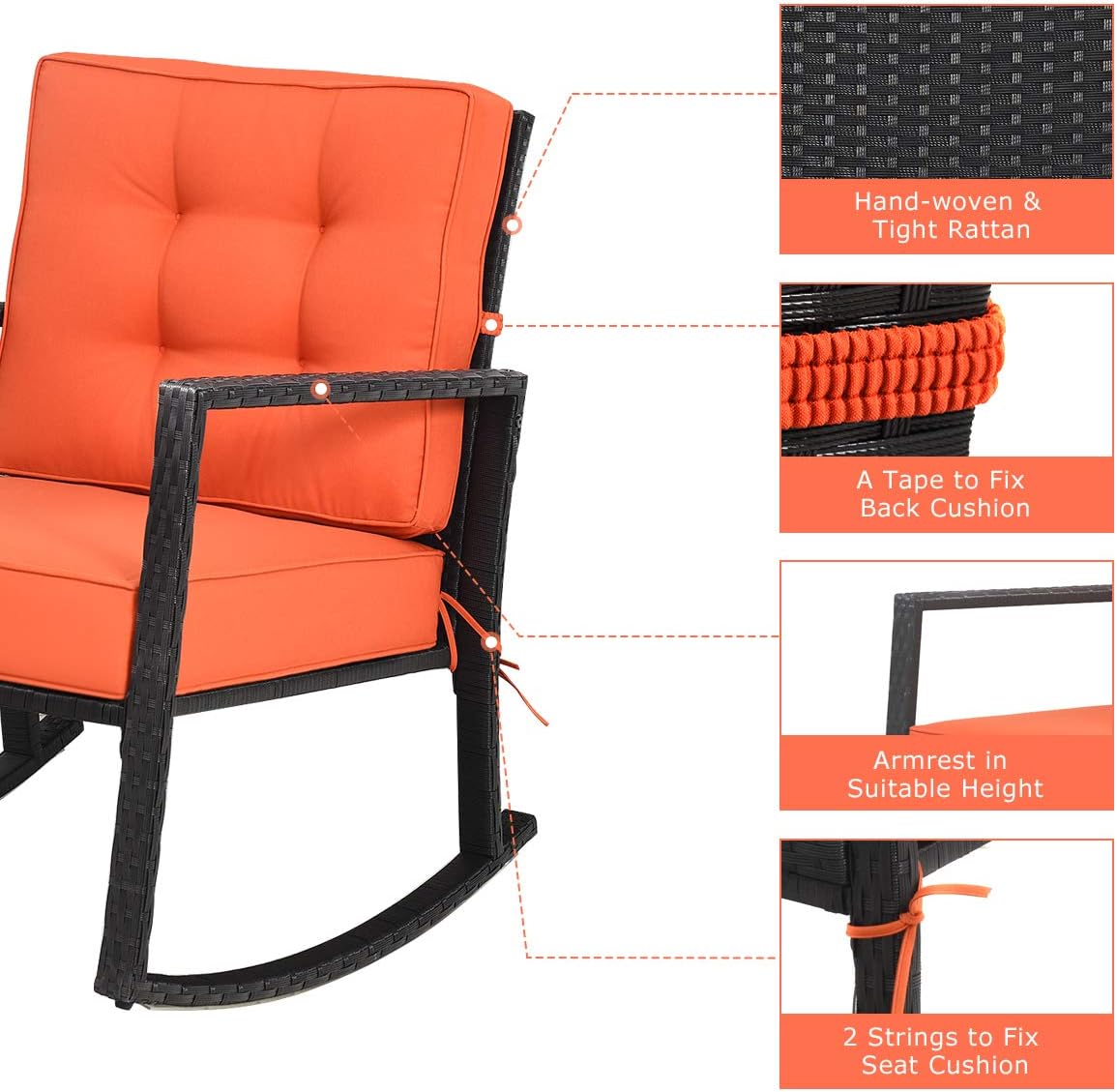 HAPPYGRILL Wicker Rocking Chair, Outdoor Patio Glider Chair with Heavy-Duty Frame, Thick Cushion, Rattan Rocking Chair for Backyard Garden Porch