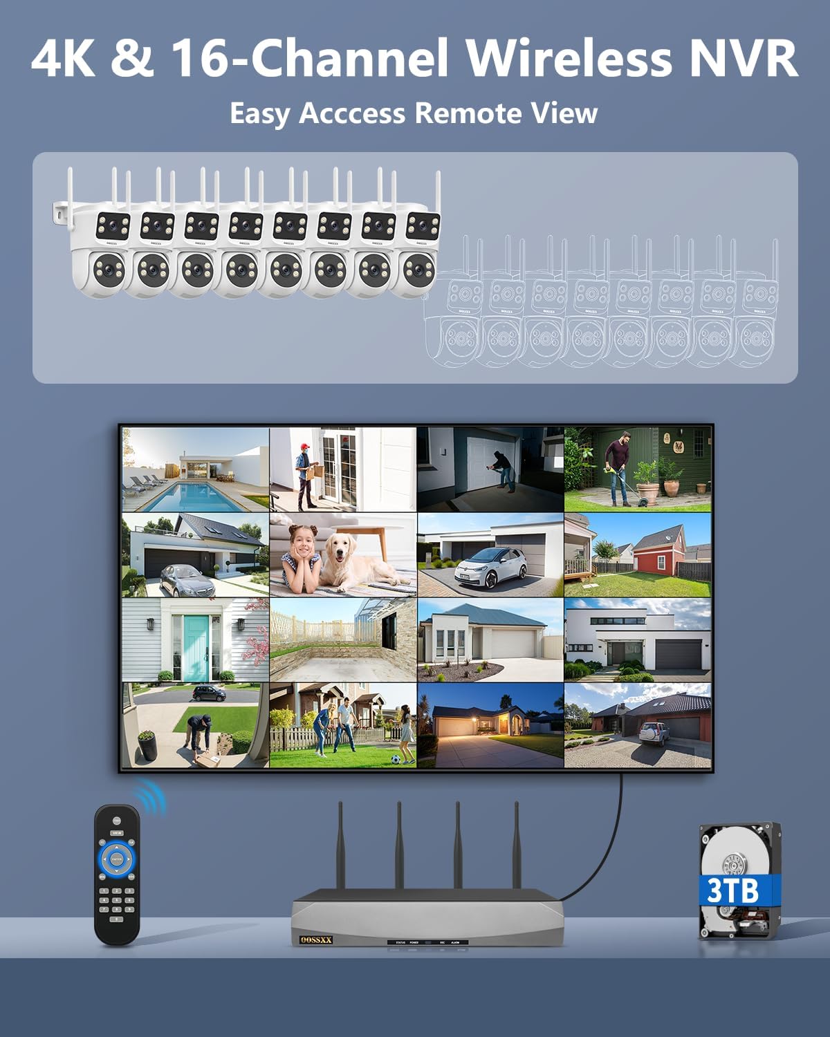 OOSSXX (2026 New) Dual Lens Wireless Security Camera System 4MP, 16CH WiFi NVR with 8 Cameras & 3TB HDD, Fixed + PTZ Pan Tilt, 130° Wide Angle, 2-Way Audio, No Monthly Fee