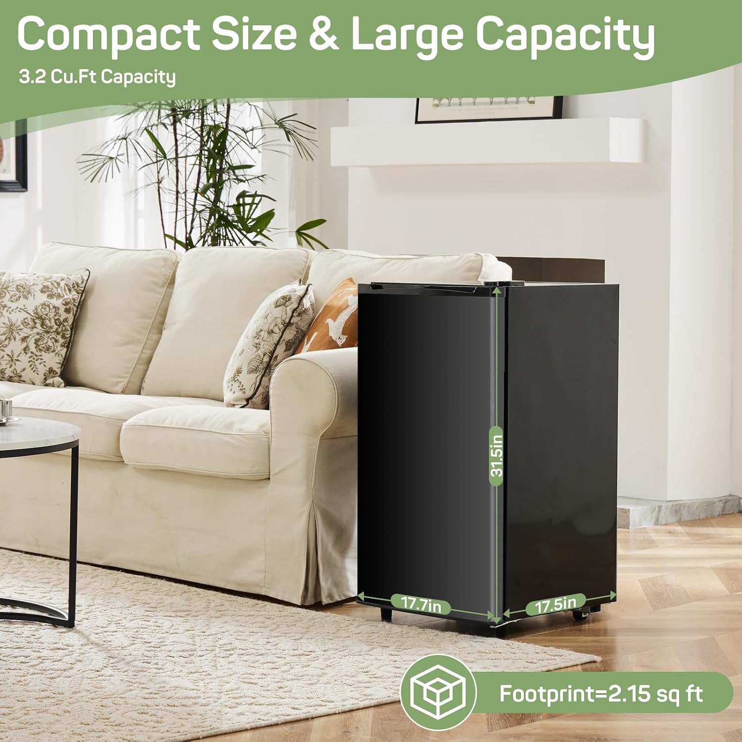 Mini Fridge for Bedroom, 3.2 Cu.Ft Small Refrigerator with Freezer for Dorm Office, Compact Single Door Adjustable Thermostat Low Noise, 17.5'D x 17.7'W x 31.5'H
