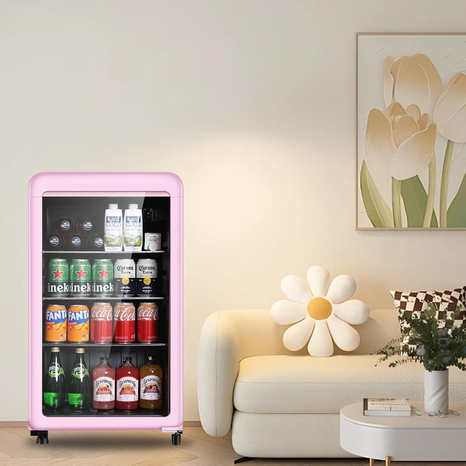 Retro Beverage Refrigerator, 3.2 Cu.Ft Mini Fridge with Glass Door, Vintage Freestanding Drink Cooler for Office, Bar, Home, Adjustable Shelving, Adjustable Thermostat (Pink)