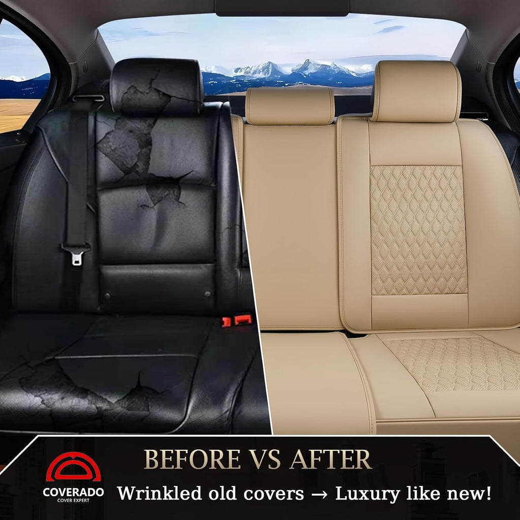 Coverado Leather Rear Seat Covers for Cars, Waterproof Back Seat Cover, Universal Automotive Seat Cushion Protector for Most Cars Trucks SUV (Beige)