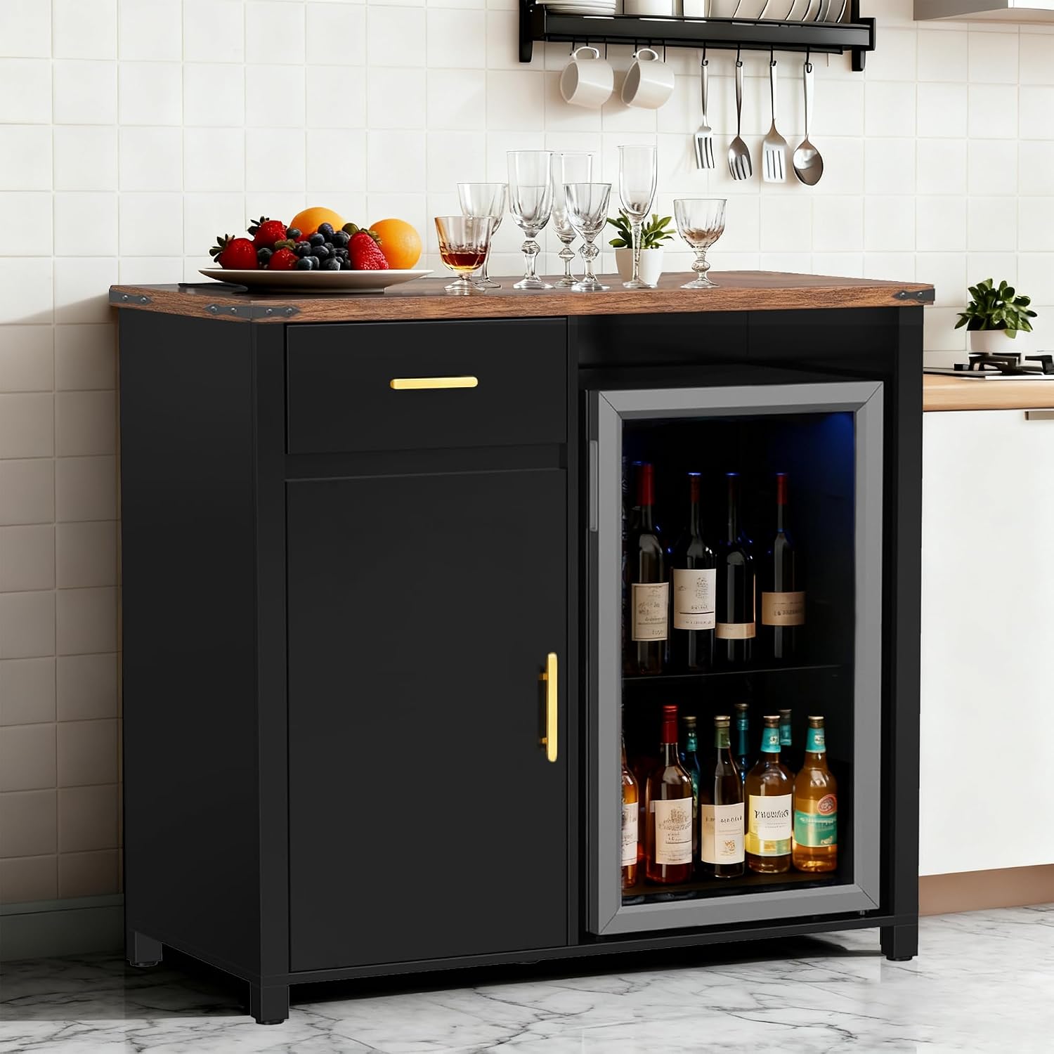 Mini Fridge Cabinet with Storage Space, Coffee Bar Cabinet with Mini Fridge Space, Buffet Sideboard Table for Living Room, Kitchen, Bar, Office (39.5W x 38.5H x 20.9D)
