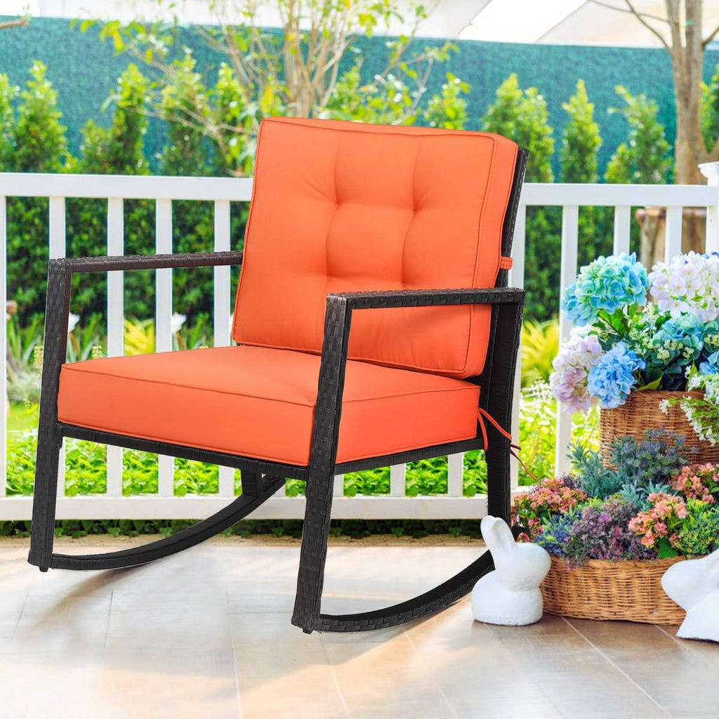 HAPPYGRILL Wicker Rocking Chair, Outdoor Patio Glider Chair with Heavy-Duty Frame, Thick Cushion, Rattan Rocking Chair for Backyard Garden Porch
