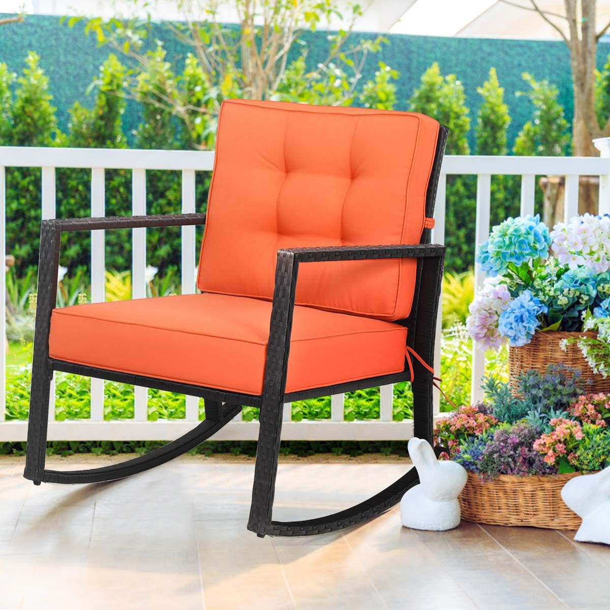 HAPPYGRILL Wicker Rocking Chair, Outdoor Patio Glider Chair with Heavy-Duty Frame, Thick Cushion, Rattan Rocking Chair for Backyard Garden Porch