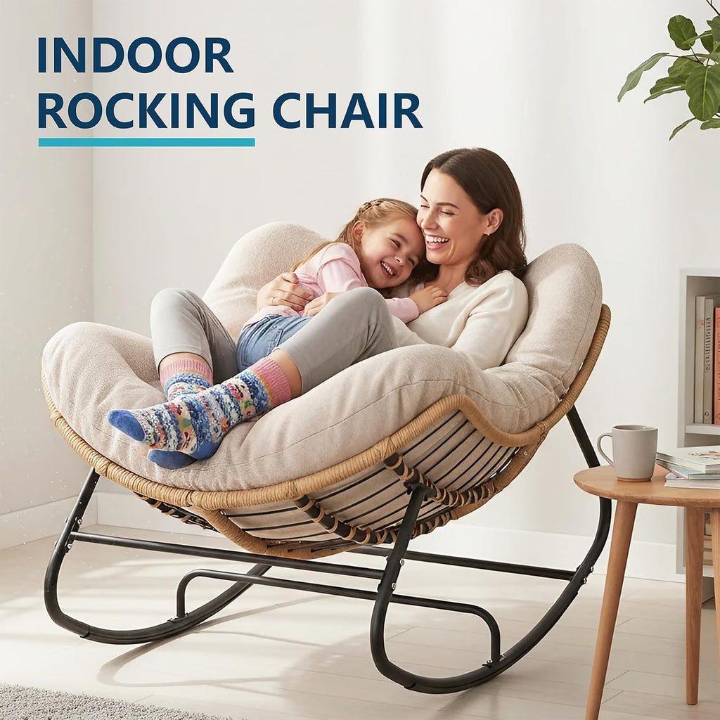 LEYCAY Outdoor Rocking Chair, Oversized Papasan Chair, Indoor Comfy Lounge Rocker with Cushion for Patio, Living Room, Porch, Balcony-Cream