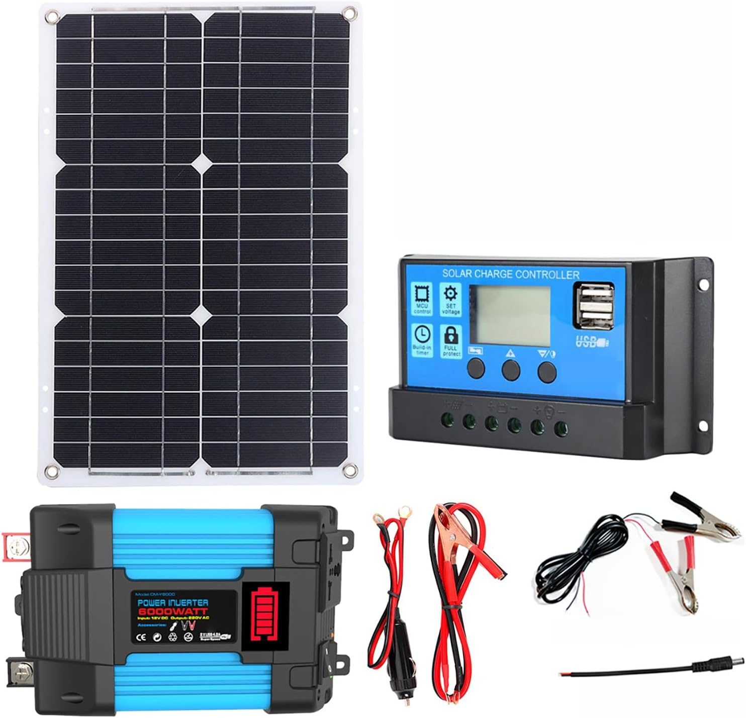 6000W Solar Inverter 12V to 110V/220V with 30A Controller & 18W 12V Solar Panel Kit - Portable Solar Generator for Home Grid System (Blue, 12V-110V)