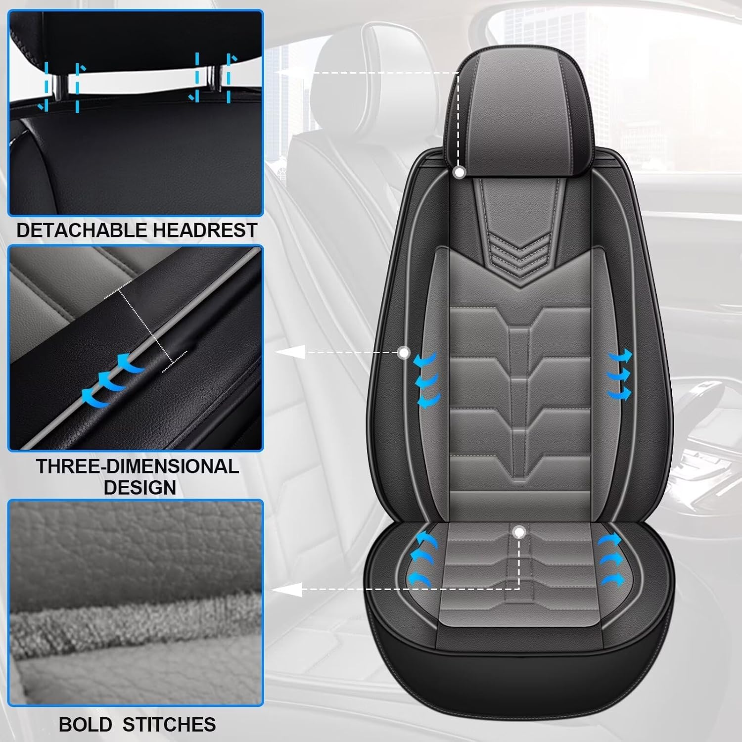 IKABEVEM 2PCS Front Car Seat Covers Fit for GMC Acadia 2017-2026 Faux Leather Seat Cover Waterproof Seat Cushion Protector (Black & Grey)