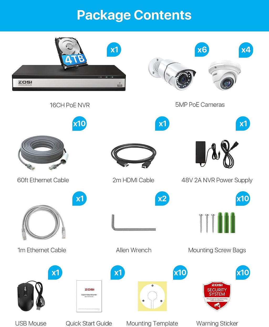 ZOSI 4K 16CH PoE Security Camera System with Hard Drive 4TB and 10pcs 5MP Outdoor Indoor PoE IP Surveillance Cameras,H.265+ 16 Channel 8MP CCTV NVR,120ft Night Vision,Remote Access,24/7 Recording