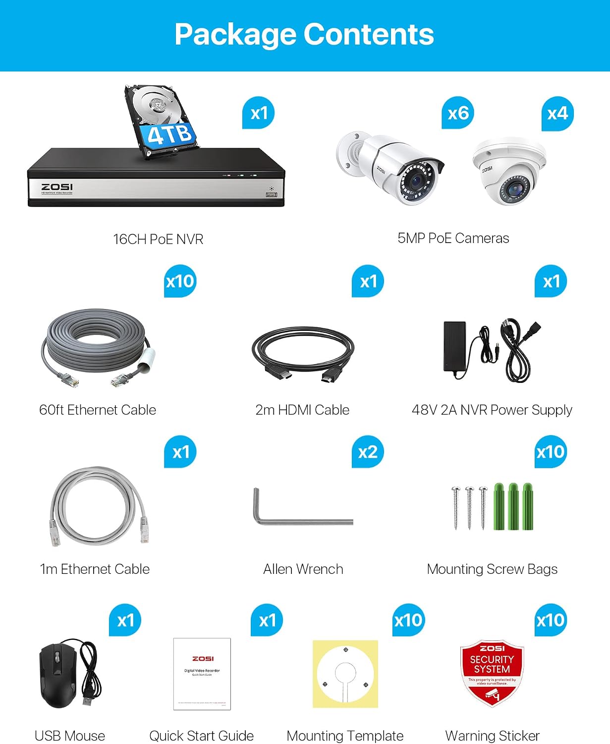 ZOSI 4K 16CH PoE Security Camera System with Hard Drive 4TB and 10pcs 5MP Outdoor Indoor PoE IP Surveillance Cameras,H.265+ 16 Channel 8MP CCTV NVR,120ft Night Vision,Remote Access,24/7 Recording