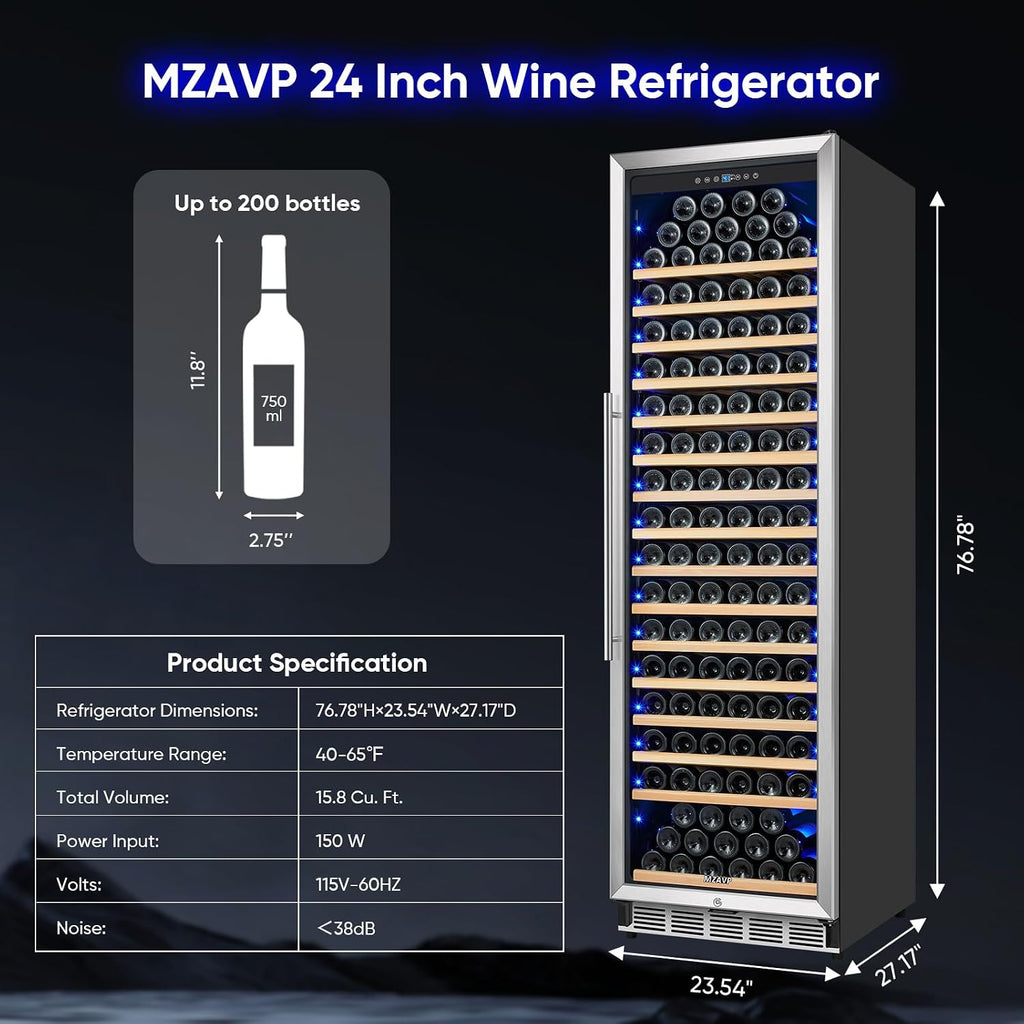 Large Wine Cooler Refrigerator 24 Inch, Upgraded 200 Bottle Wine Fridge with Professional Temperature Control, Built-in or Freestanding Tall Wine Cellar, Low Noise and Sliding Rail Shelves