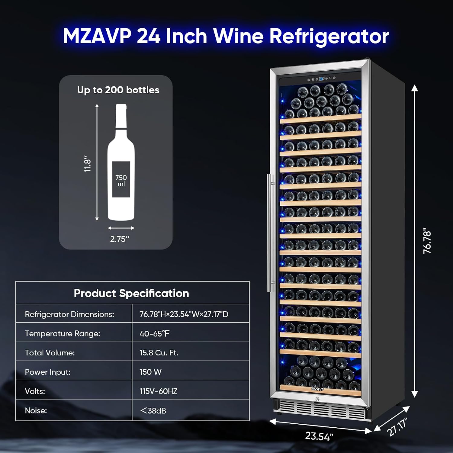 Large Wine Cooler Refrigerator 24 Inch, Upgraded 200 Bottle Wine Fridge with Professional Temperature Control, Built-in or Freestanding Tall Wine Cellar, Low Noise and Sliding Rail Shelves