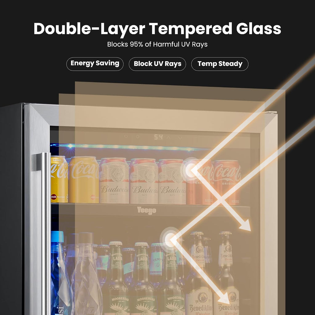 Yeego 24 Inch Beverage Refrigerator – 180 Can Built-In Under Counter Drink Fridge with Glass Door, 34–54°F Cooling for Beer, Soda & Wine (Right-Hinged)