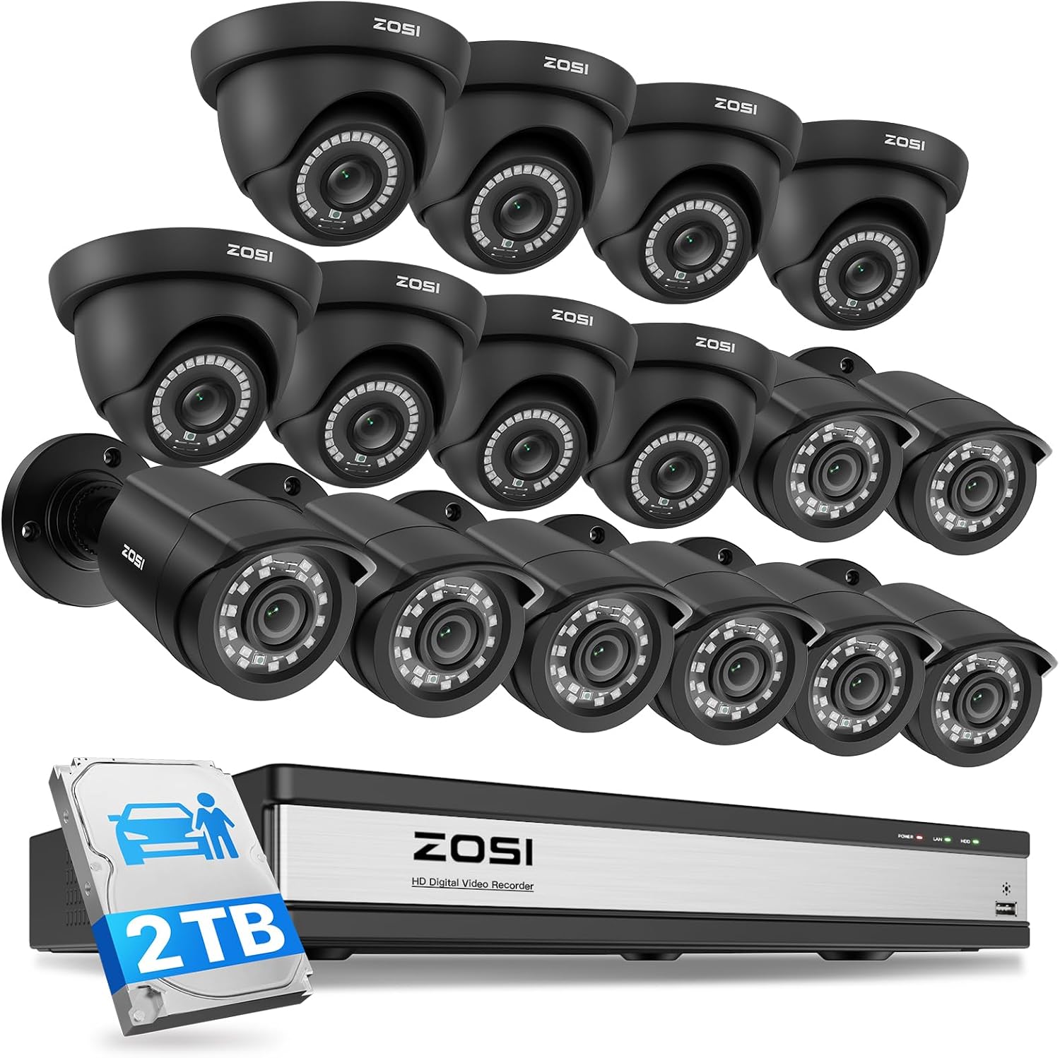 ZOSI 16CH Security Camera System with 2TB HDD, AI Human/Vehicle Detection, 16PCS 1080P Outdoor Indoor Surveillance Cameras, Night Vision, H.265+ 16Channel 2MP DVR for 24/7 Recording, Remote Access