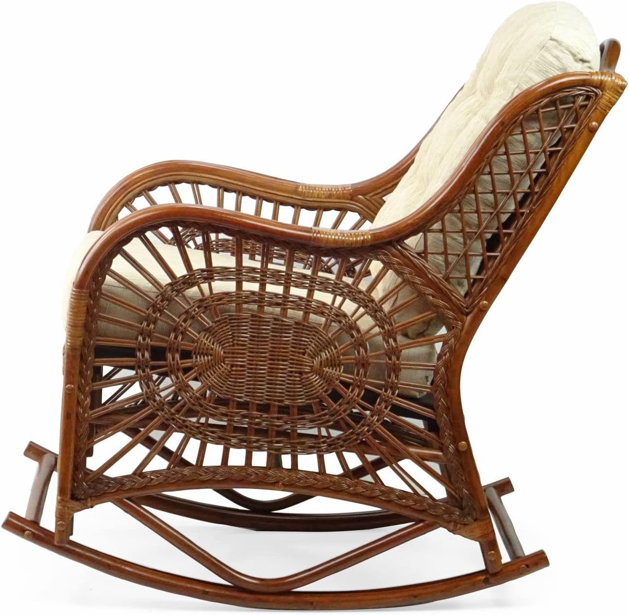 Malibu Rocking Handmade Lounge Chair ECO Natural Wicker Rattan Colonial Color with Cream Cushion, Indoor ONLY