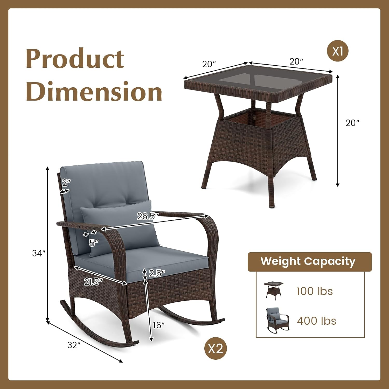 Tangkula 3 Pieces Rocking Bistro Set, Patiojoy Outdoor PE Rattan Rocker Chairs with Removable Cushions & Tempered Glass Top Coffee Table, Outdoor Wicker Furniture Set for Porch, Garden (Grey)