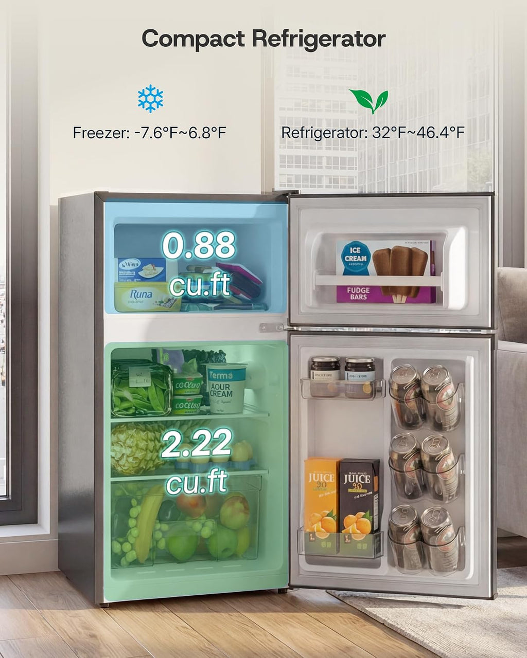 Upstreman 3.1 Cu.Ft Mini Fridge with Freezer, Double Door Small Refrigerator, Adjustable Thermostat, Energy Star Certified Low Noise Mini Refrigerator for Bedroom, Dorm, Apartment Black-TM31