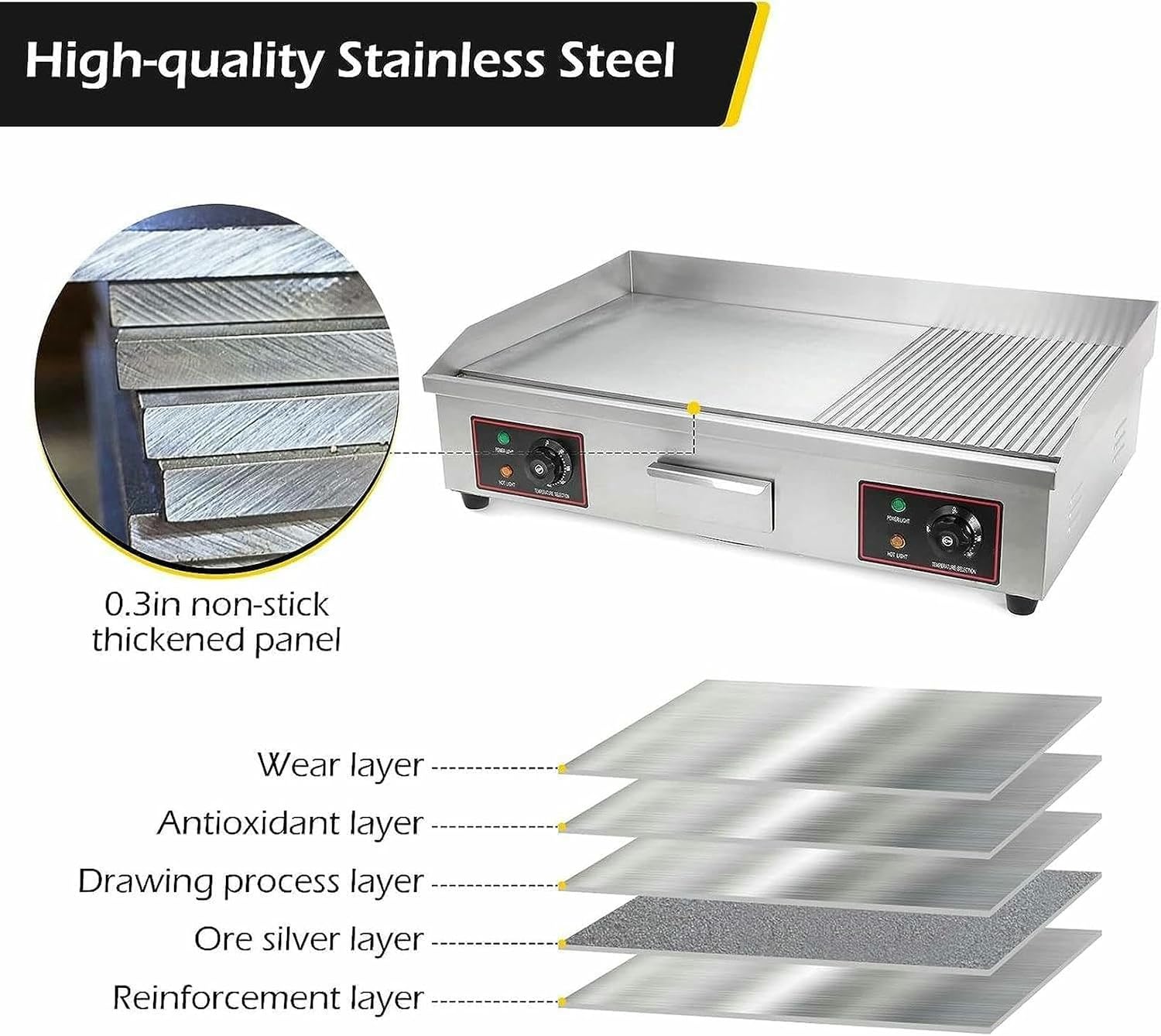 4400W Commercial Electric Griddle Hot Cooking Plate, Commercial Stainless Steel Adjustable Countertop Hot Plate BBQ Grill