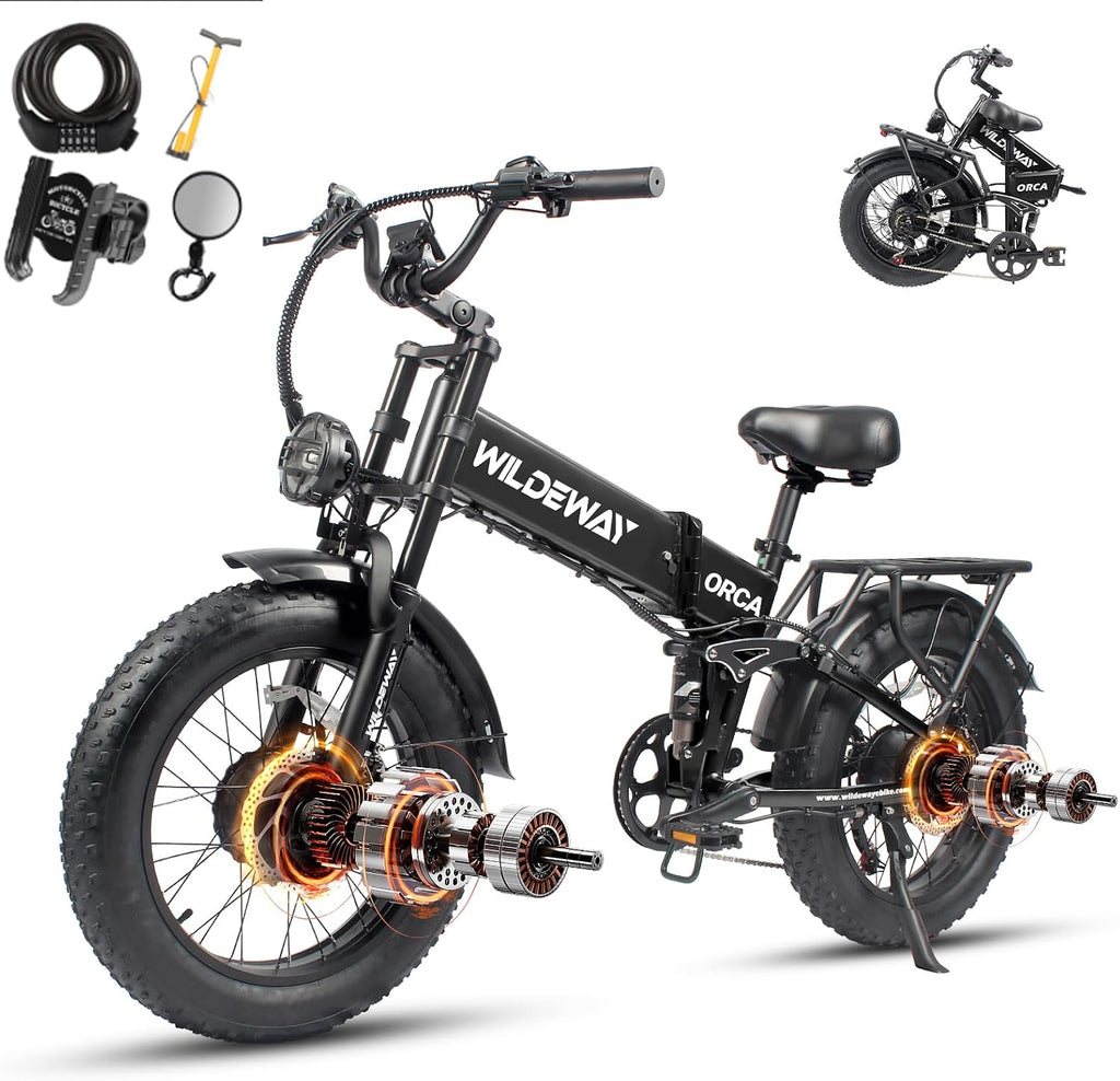 Wildeway Dual Motor 20' Fat Tire Electric Bike 2300W 20Ah Removable Battery 28 MPH Folding Ebike Off Road Mountain Full Suspension Long Range Foldable Electric Bicycle for Adults Men 2 Seat