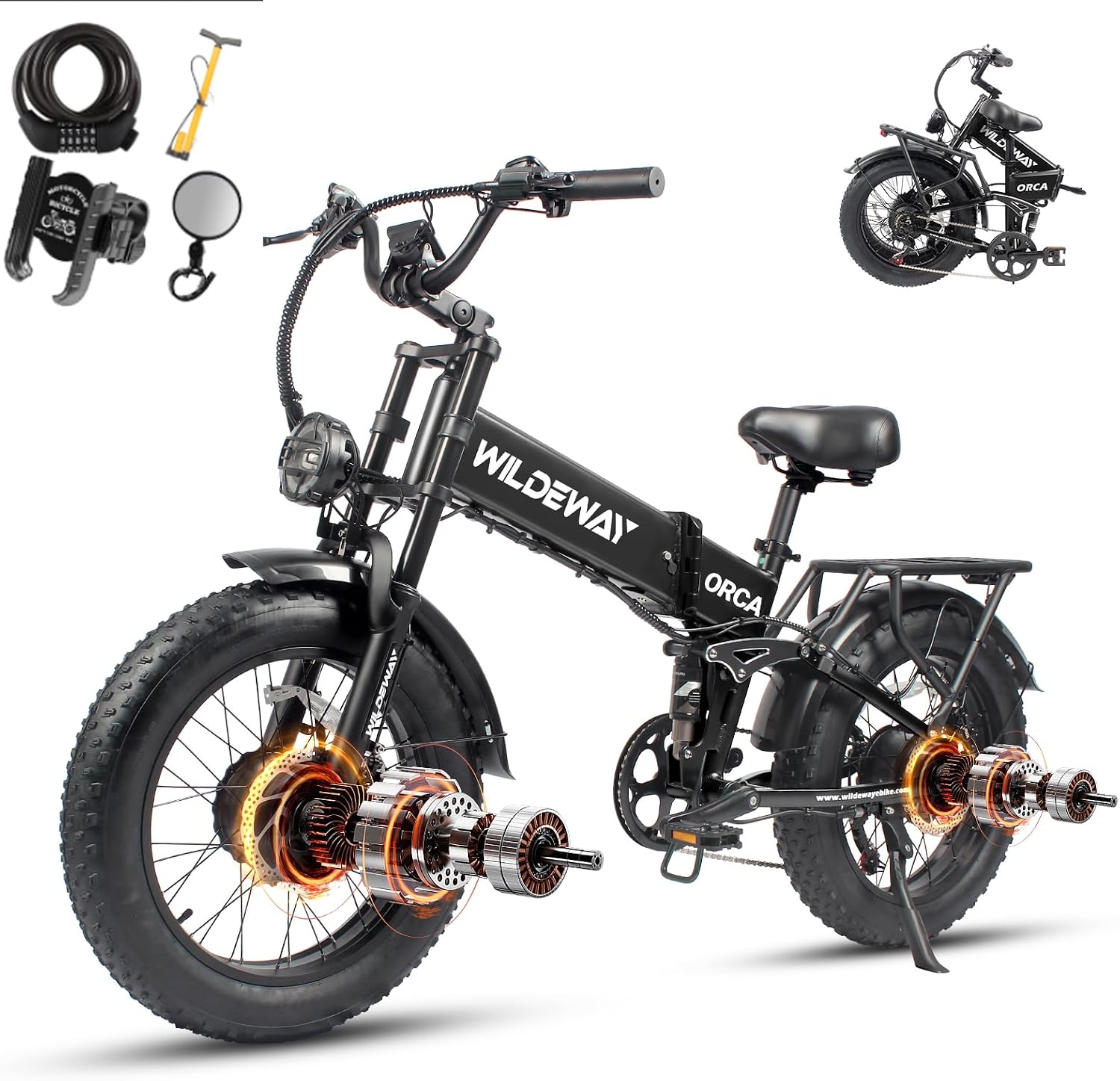 Wildeway Dual Motor 20' Fat Tire Electric Bike 2300W 20Ah Removable Battery 28 MPH Folding Ebike Off Road Mountain Full Suspension Long Range Foldable Electric Bicycle for Adults Men 2 Seat