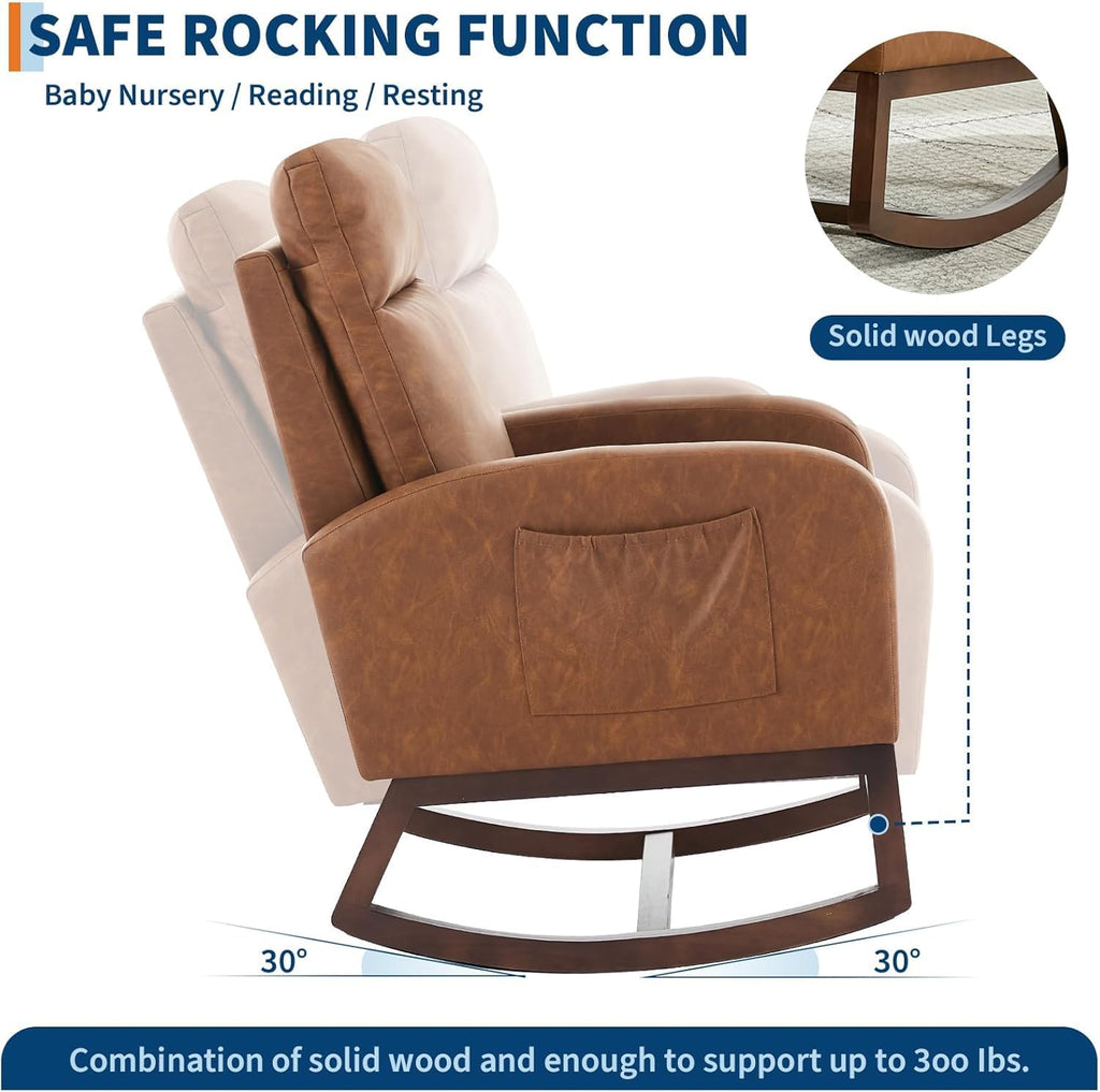 Nursery Rocking Chair, Comfy Modern Glider Rocking Chair with High Backrest and Armrest, Teddy Upholstered Rocking Accent Chair with Side Pockets for Living Room, Bedroom, Office,Brown