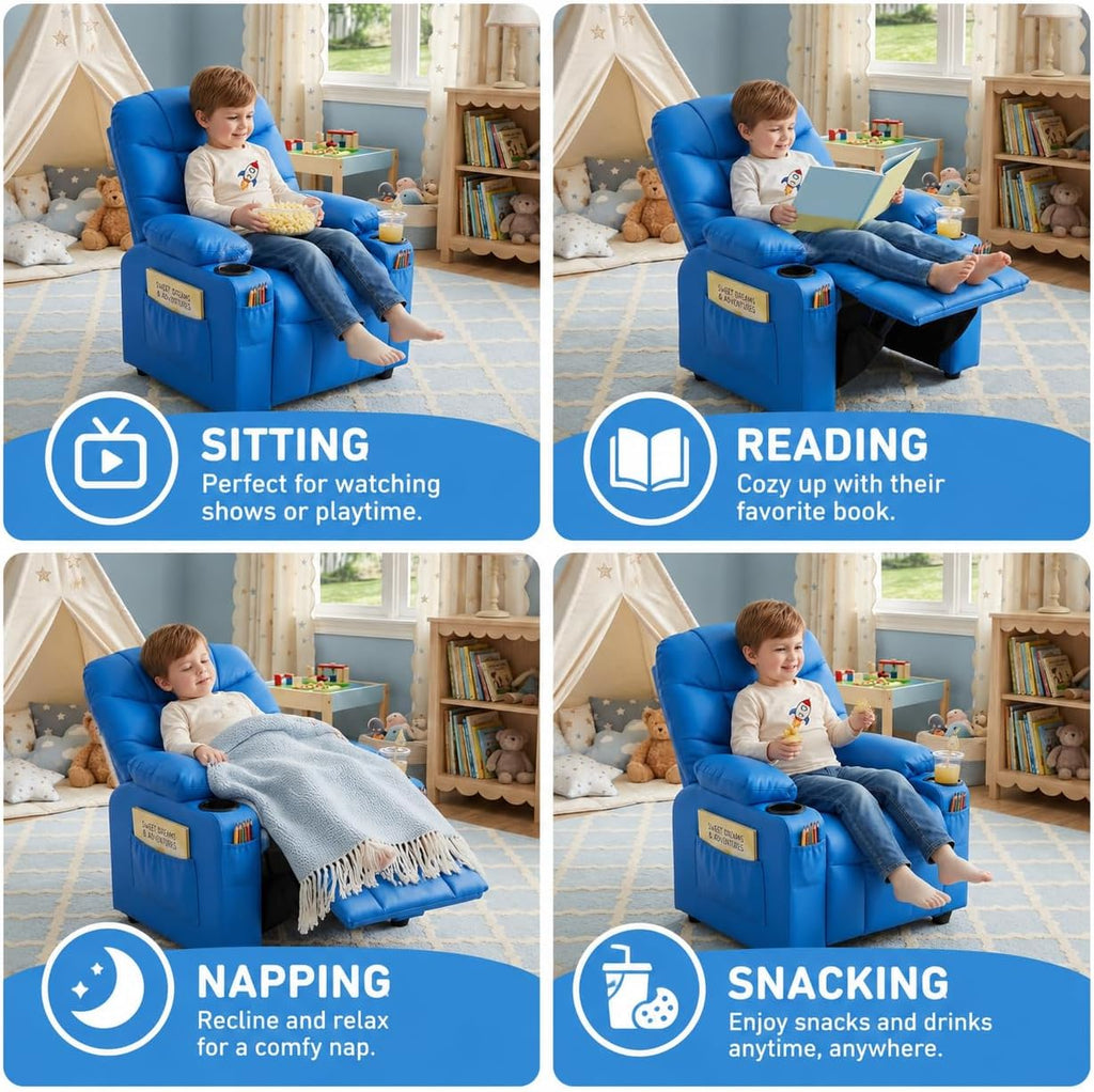 Donut Larger Kids Reclining Chair PU Leather Recliner Sofa Push Back Lounge Children Toddler Boys Girls Ages 3-12 with Dual Cup Holders and 4 Pockets